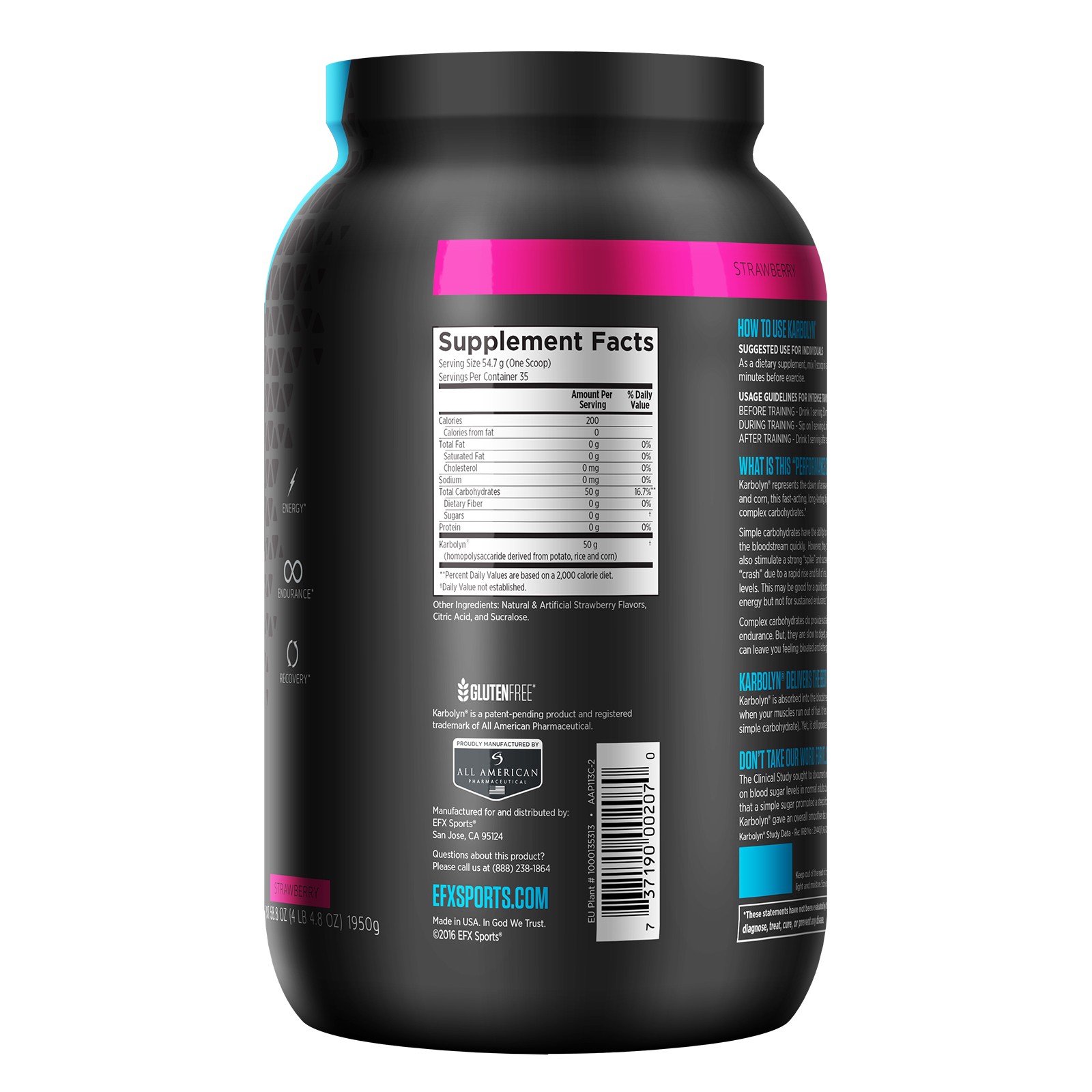 EFX Sports Karbolyn Strawberry 4 lbs 6 55 oz 2000 g Gluten-Free, Informed Sport,