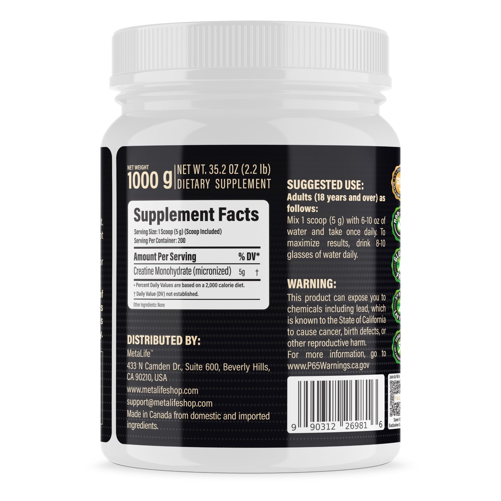 100% Pure Micronized Creatine Monohydrate Powder, 200 Servings, Unflavored, Vega