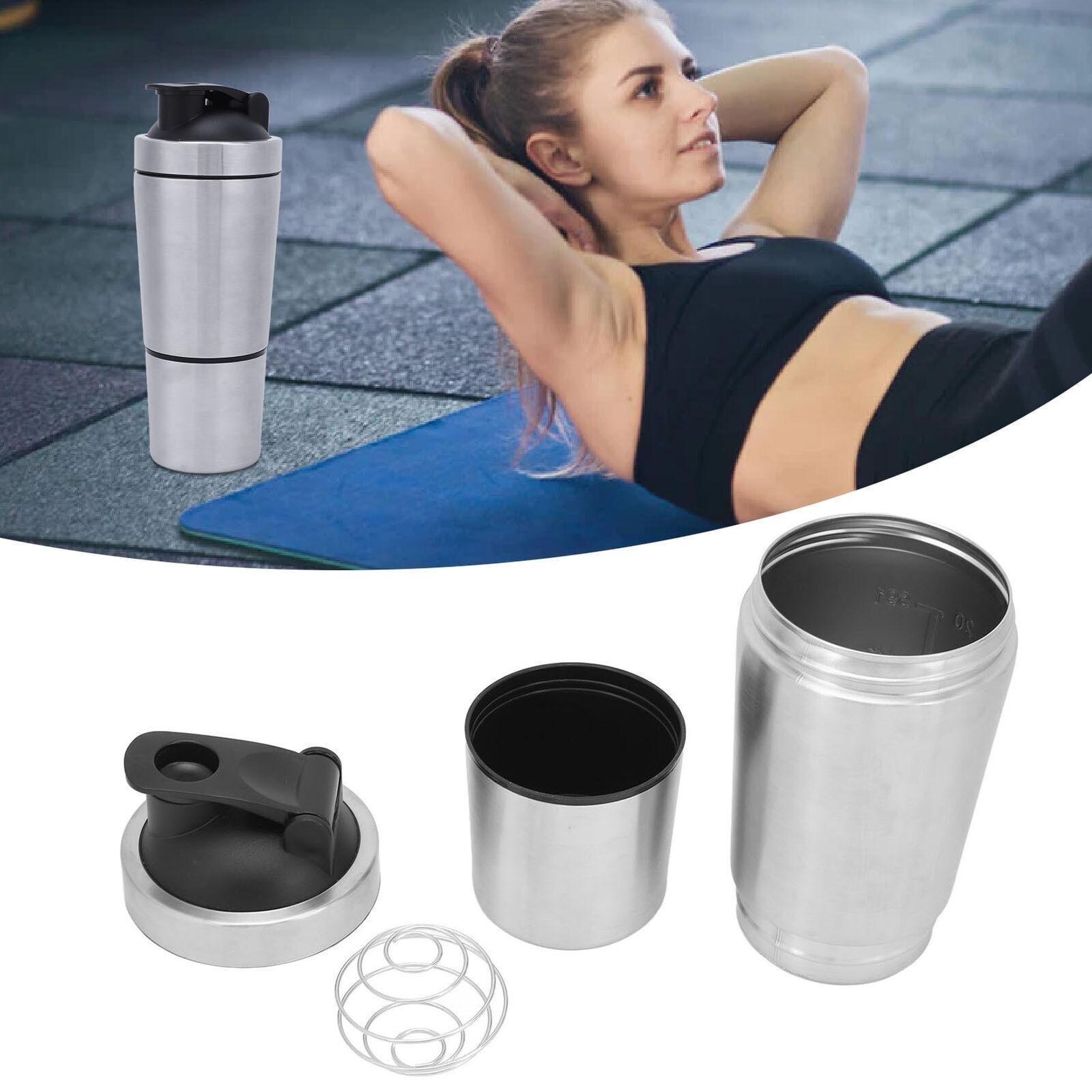 Protein Shaker Bottle with Scale Portable Stainless Steel Double Section Shaker