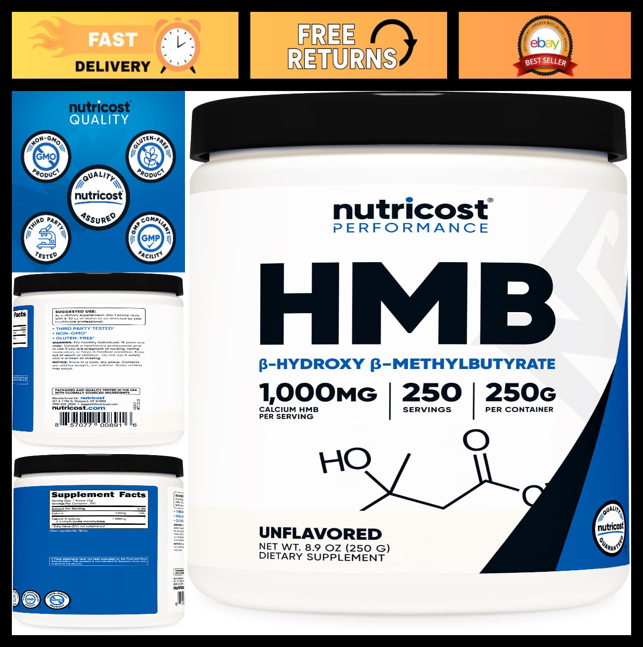 HMB Powder 250g | Beta-Hydroxy Beta-Methylbutyrate | Gluten Free, Non-GMO Supple