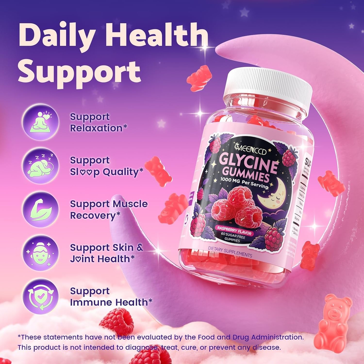 Glycine Gummies 1000mg, Glycine Supplement for Relaxation and Nerve Support