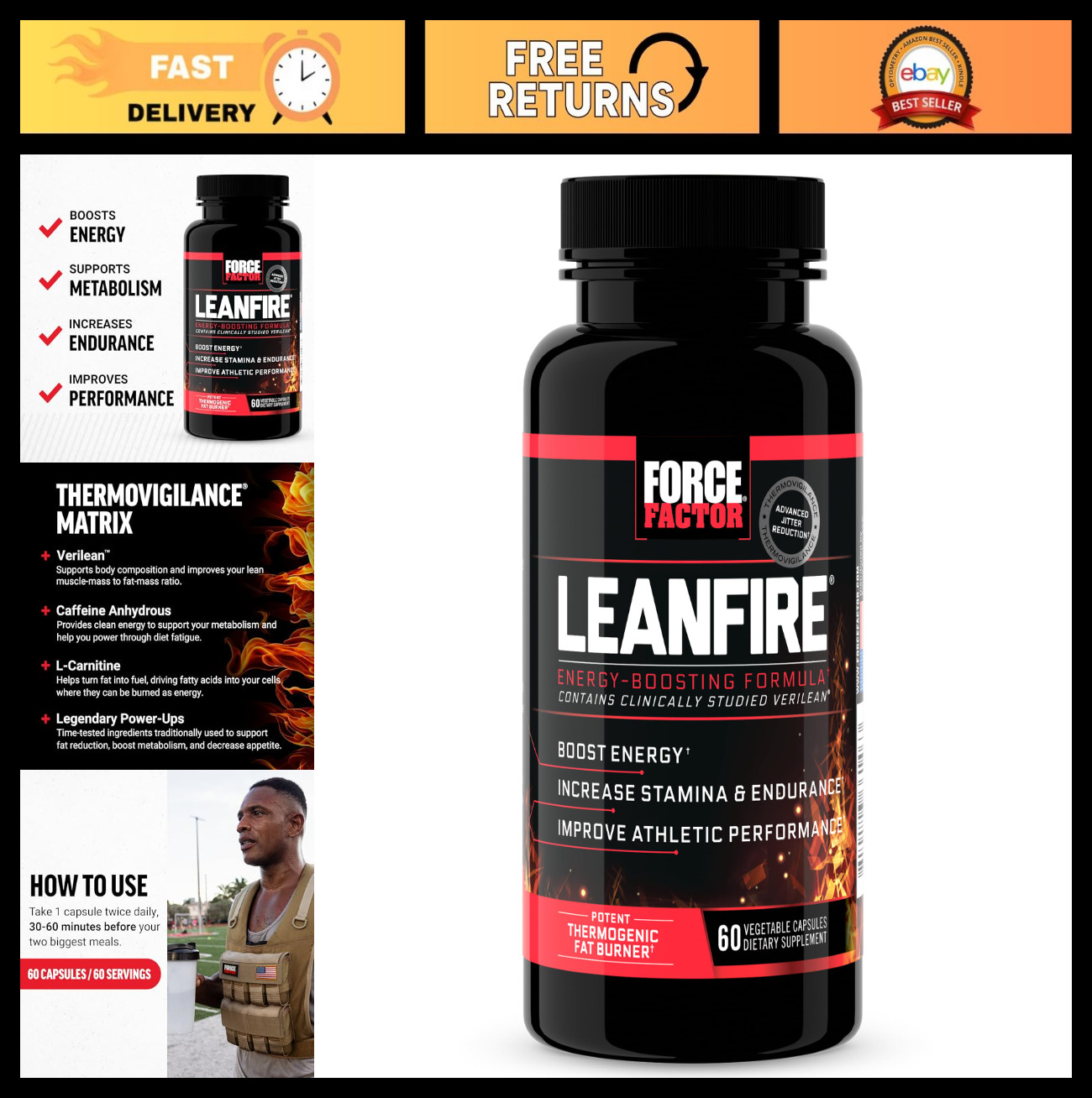 LeanFire Pre Workout Energy Pills – Green Tea Extract, Caffeine, Muscle Boost, 6