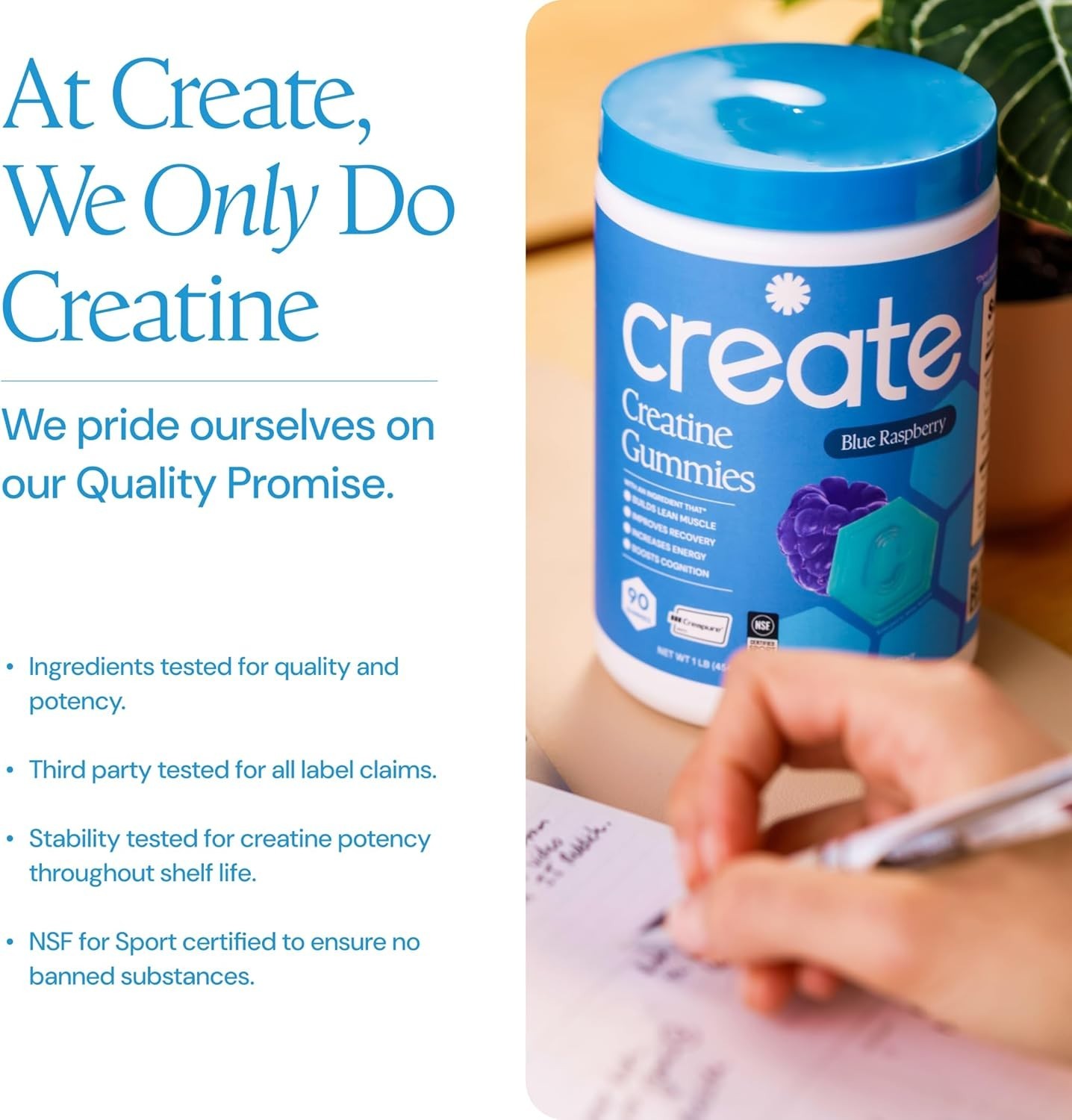 Create Creatine Gummies 1.5g Focus Strength Endurance Vegan Blue Raspberry 90ct