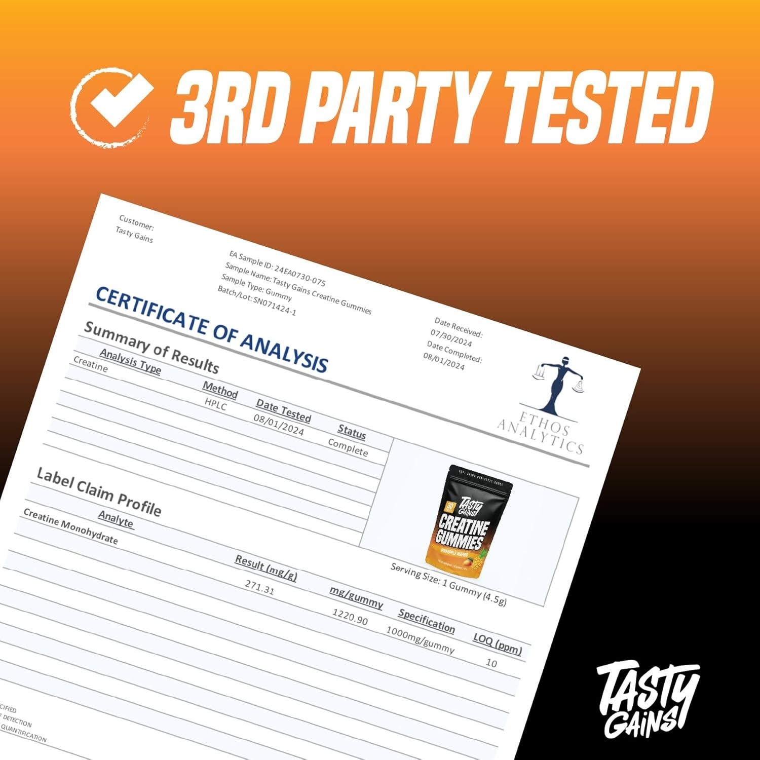 TASTY GAINS Creatine Gummies – 90g of Creatine Monohydrate – Pineapple Mango