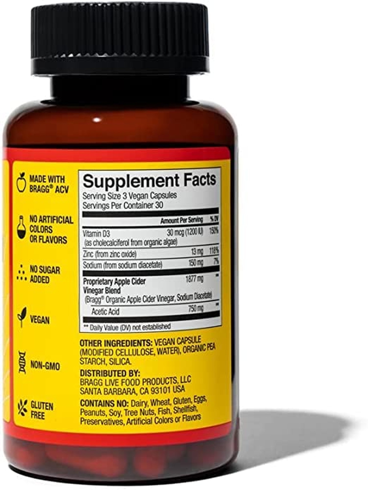 Bragg Apple Cider Vinegar Capsules – Vitamin D3 & Zinc – 750mg of Acetic Acid…