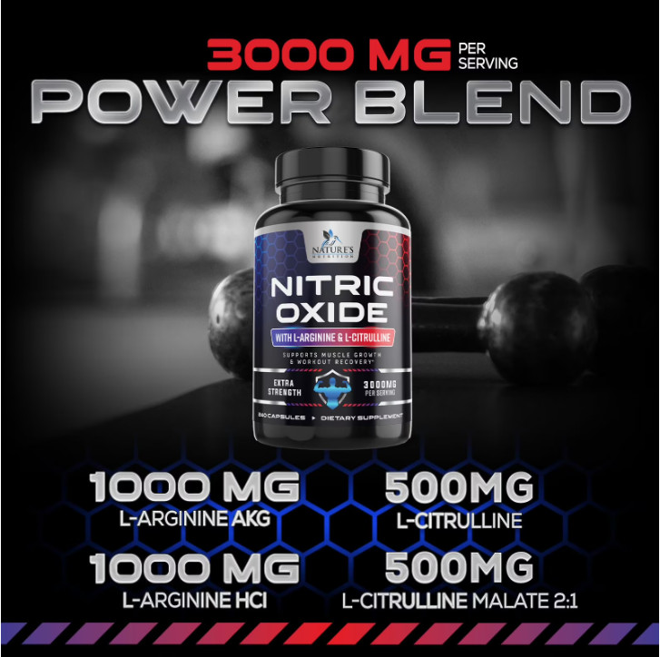 Nitric Oxide Booster 3000mg L-Arginine 3X Extra Strength Capsules