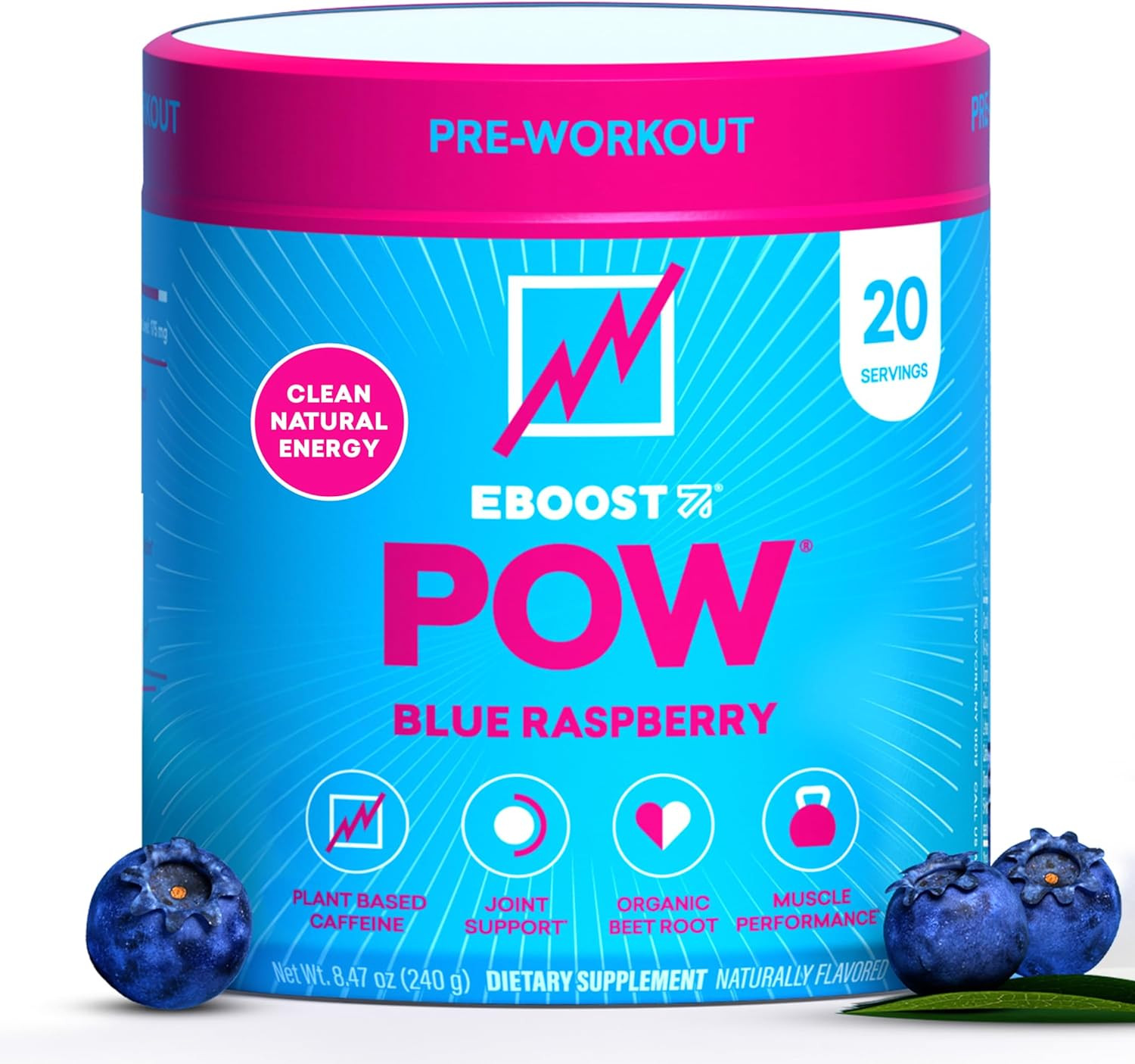 EBOOST POW Natural Pre Workout Powder, Blue Raspberry, Energy Support, 20 Servs