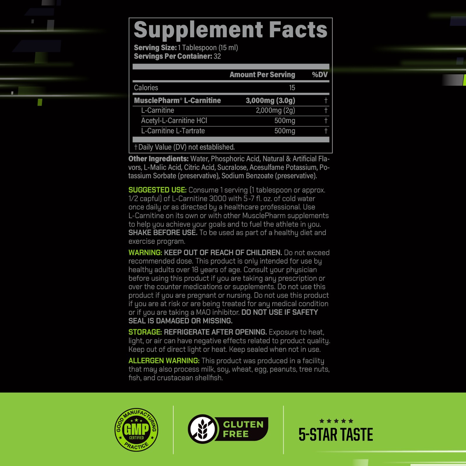 MusclePharm High Performance Liquid L-Carnitine 3000 Blue Raspberry 32 Servings