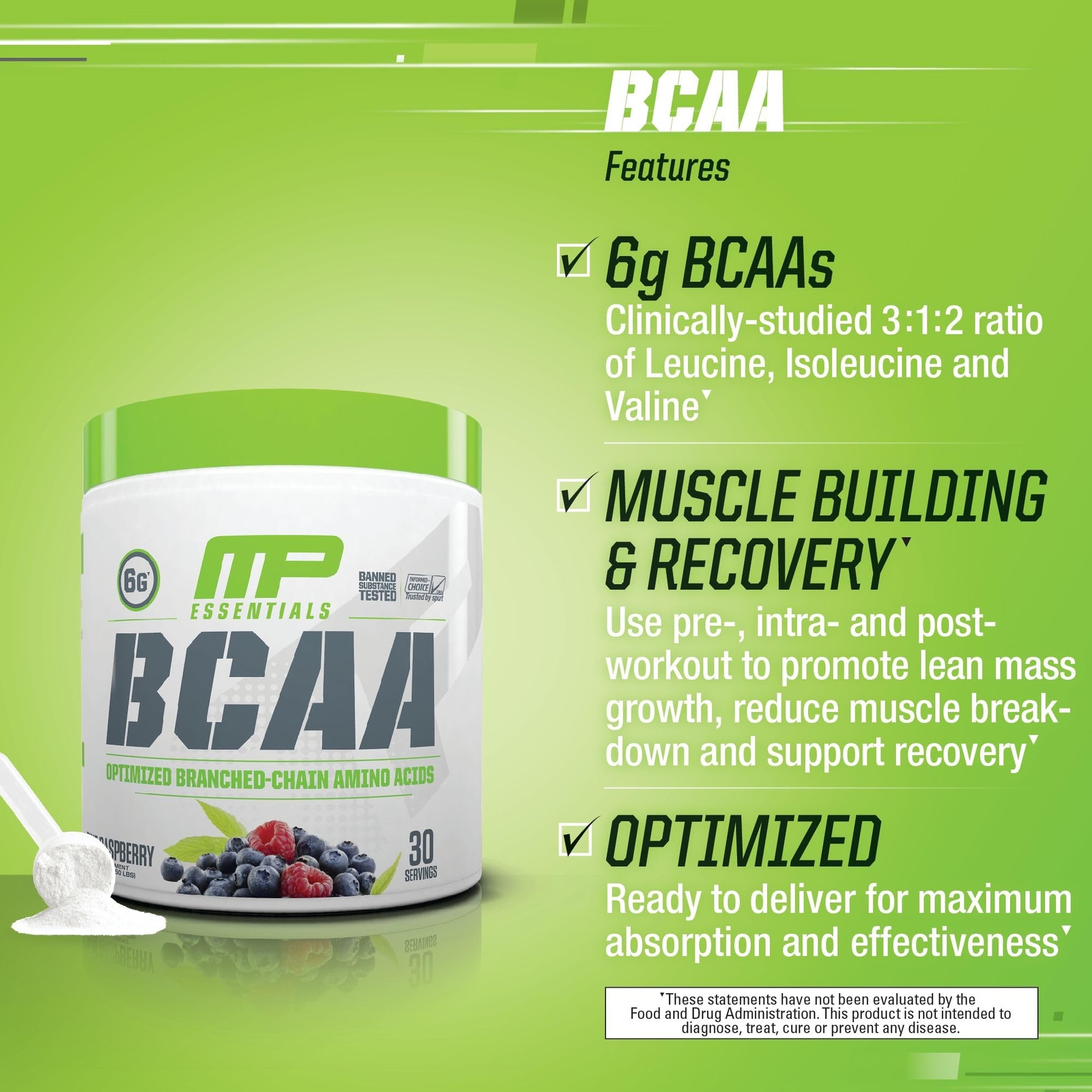 MusclePharm BCAA Powder Blue Raspberry 30 Servings Pre Post Workout Recovery