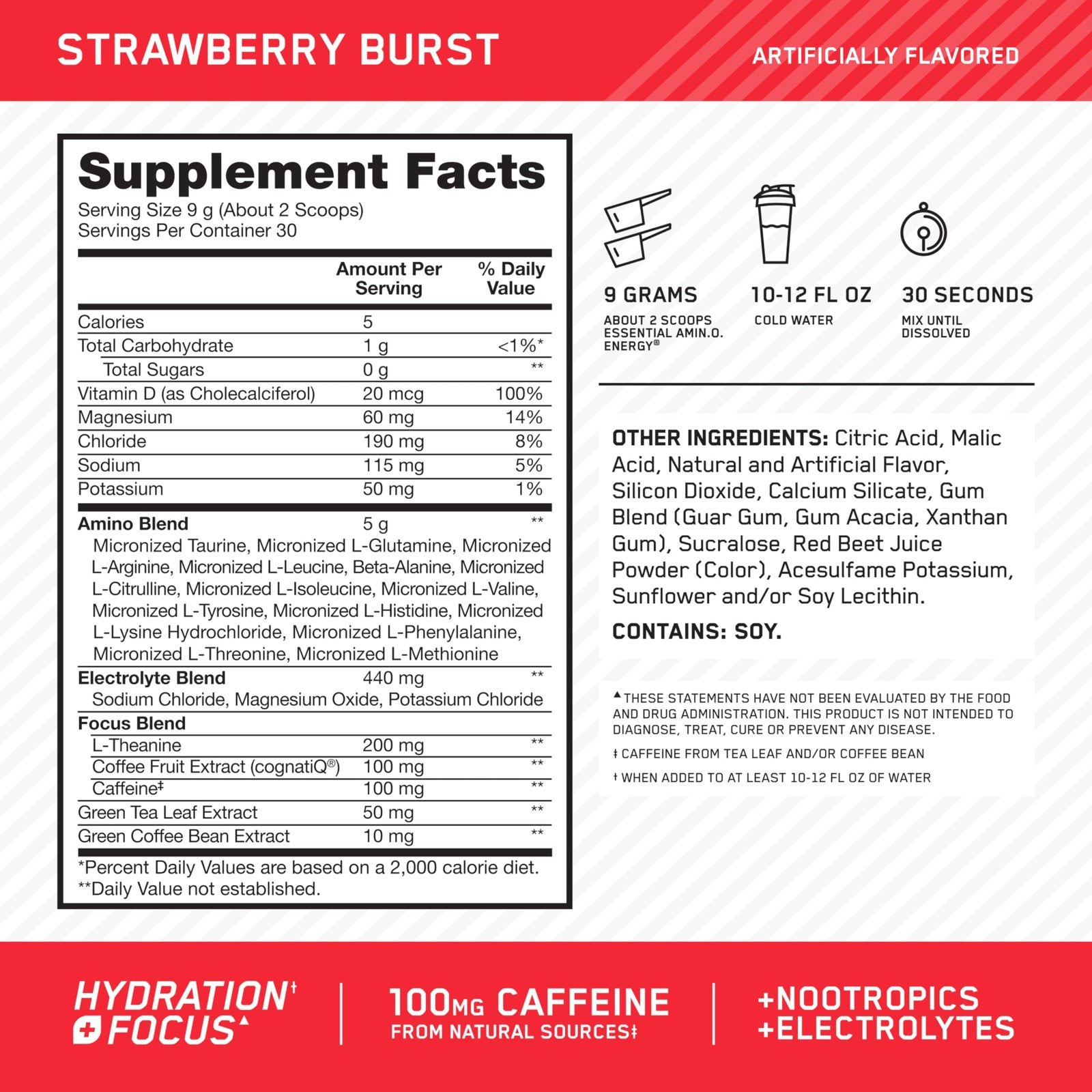 Amino Energy Powder with BCAA, Electrolytes & Caffeine – Juicy Strawberry, 30 Se
