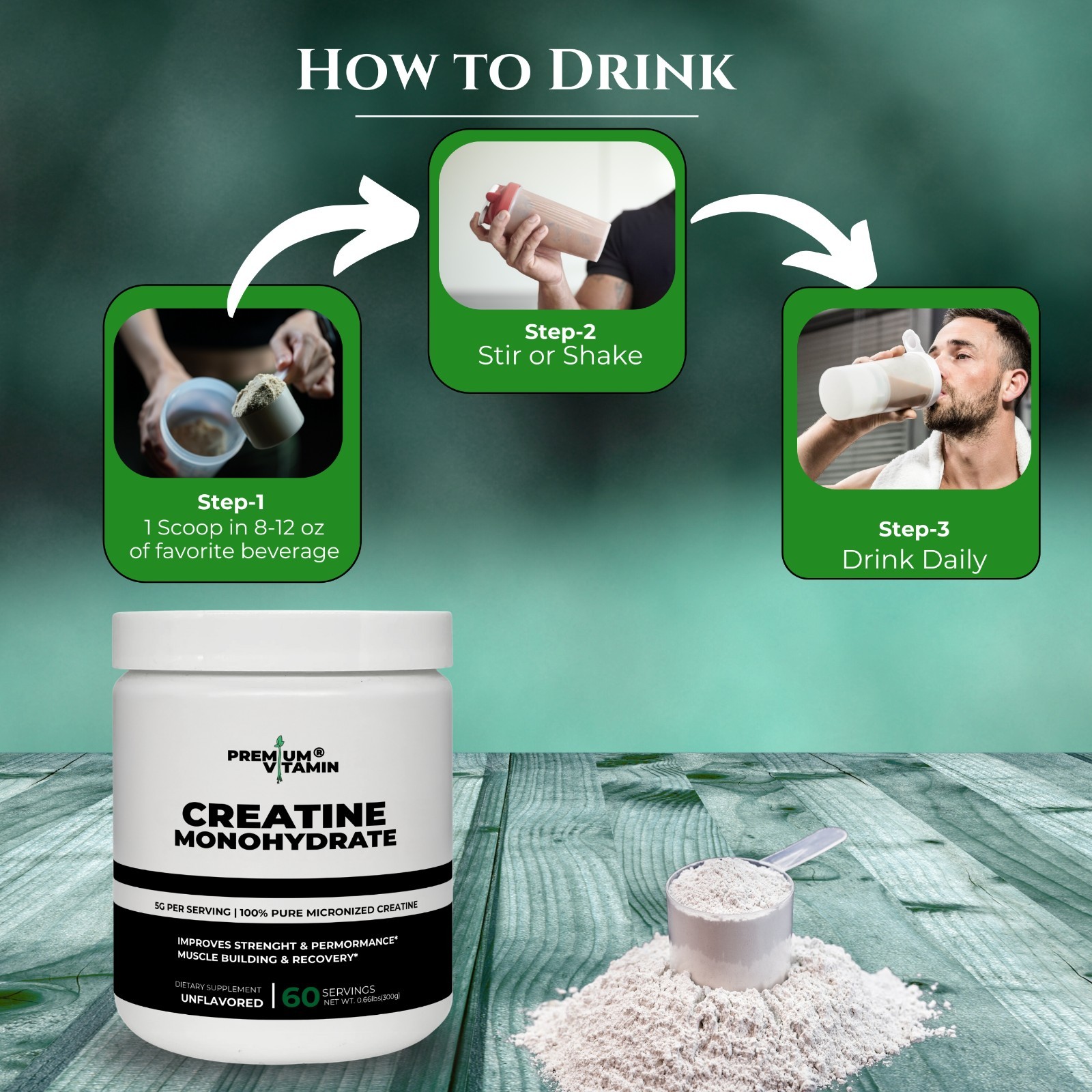 Creatine Monohydrate Powder Muscle gain (Micronized) 5g per serv 300g Unflavored