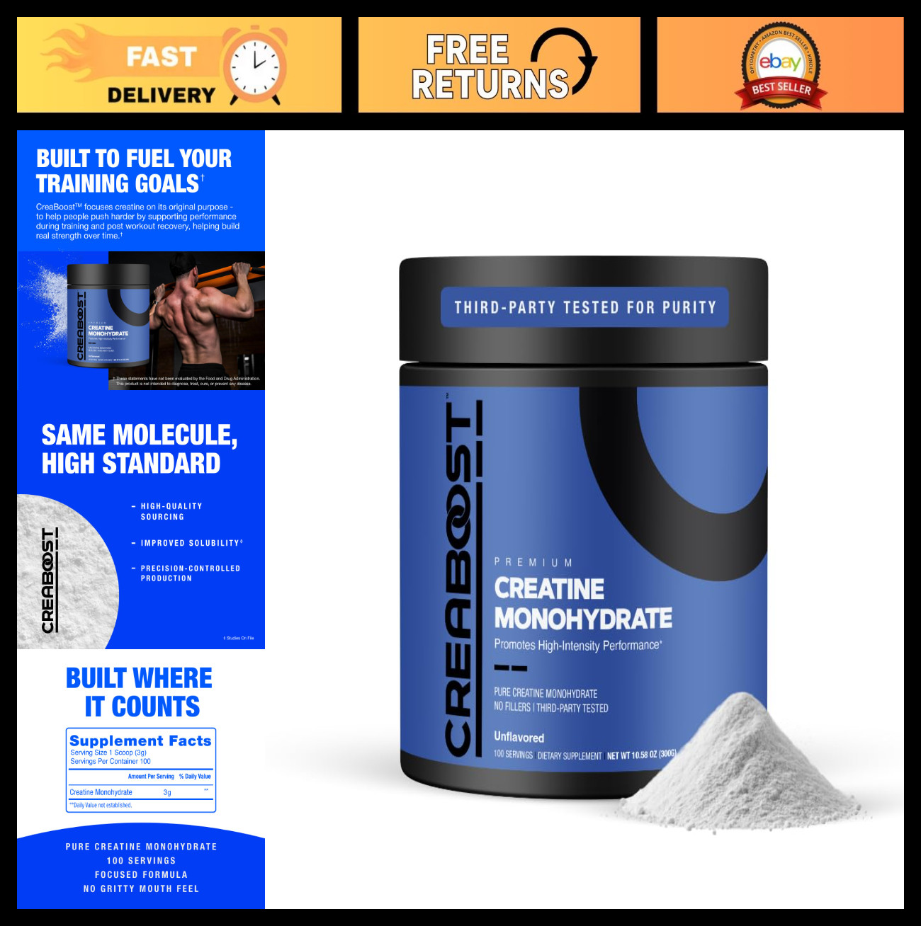 Unflavored Premium Creatine Monohydrate Powder – Muscle Gain, Workout Supplement