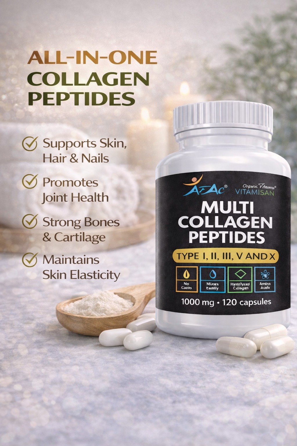Hydrolyzed Collagen 240 caplets Hair Skin Nail Care Anti-Aging Pill 1000 PEPTIDE