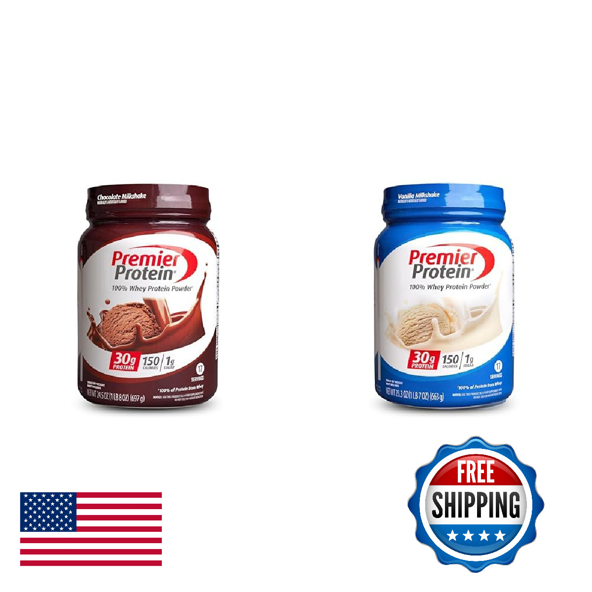 Premier Protein 100% Whey Powder: Chocolate Milkshake + Vanilla (Bundle)