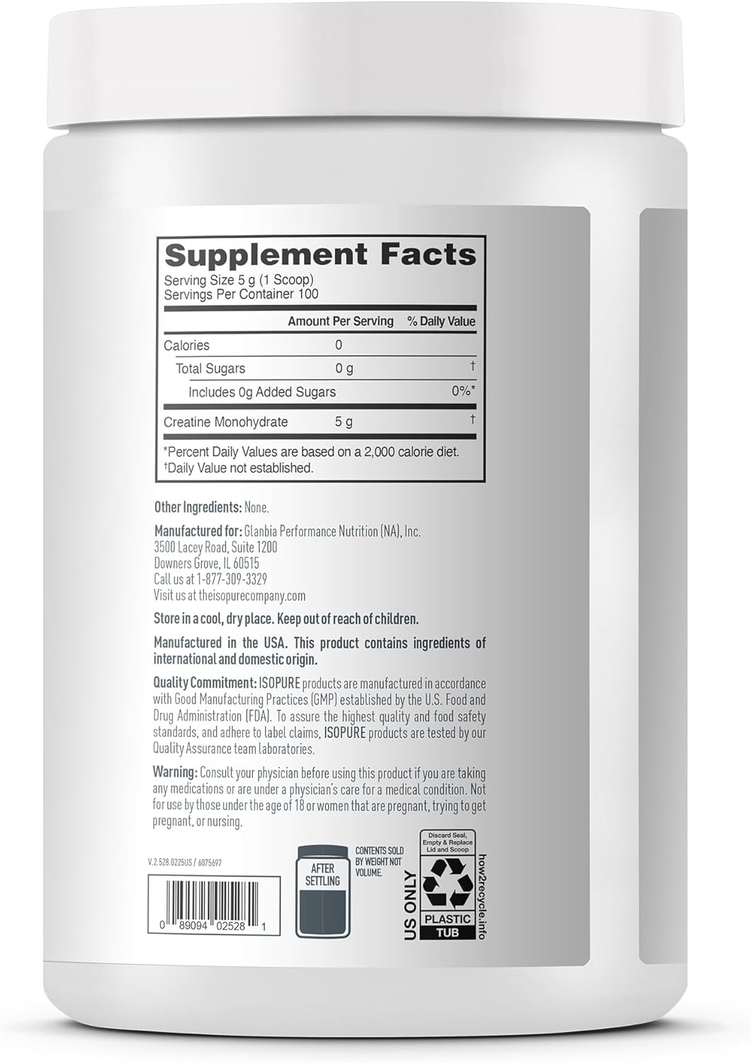 Isopure 100% Pure Creatine Monohydrate Powder, Sugar Free, Unflavored