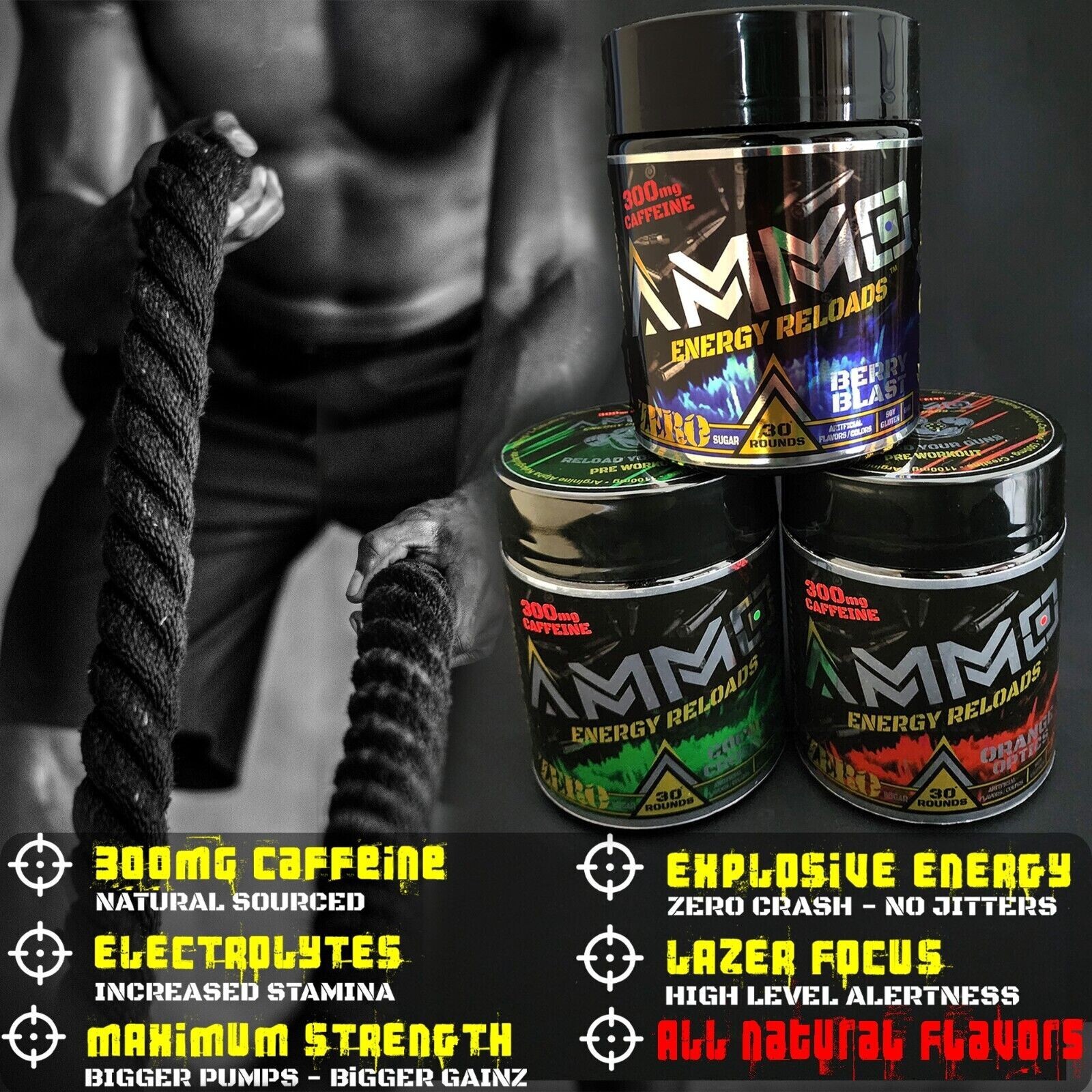 AMMO Energy Reloads Pre Workout powder ALL Natural NO Sugar NEW Formula 30 serv