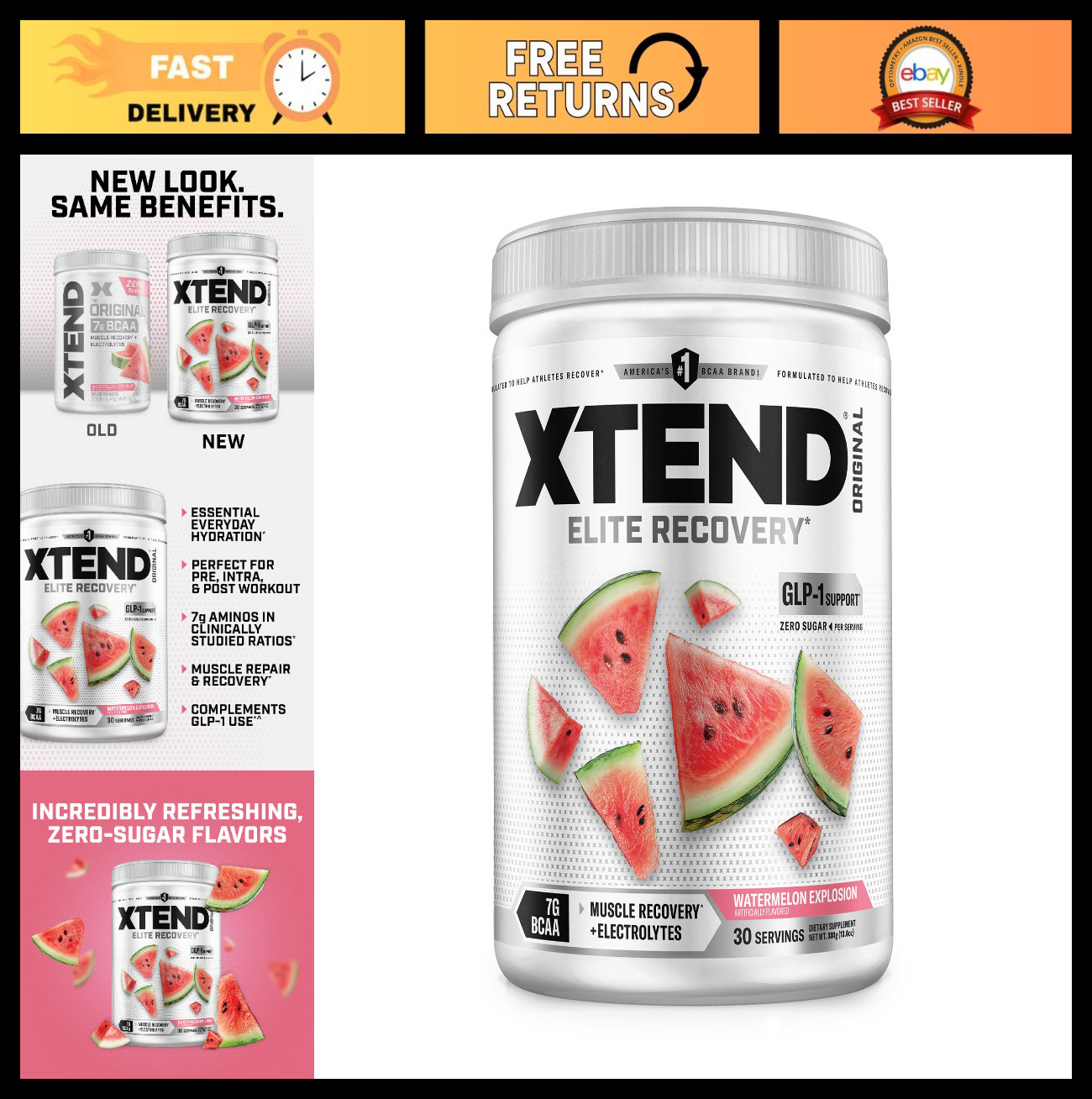 BCAA Powder for Muscle Recovery & Hydration, 7g BCAAs, Sugar-Free, Watermelon, 3