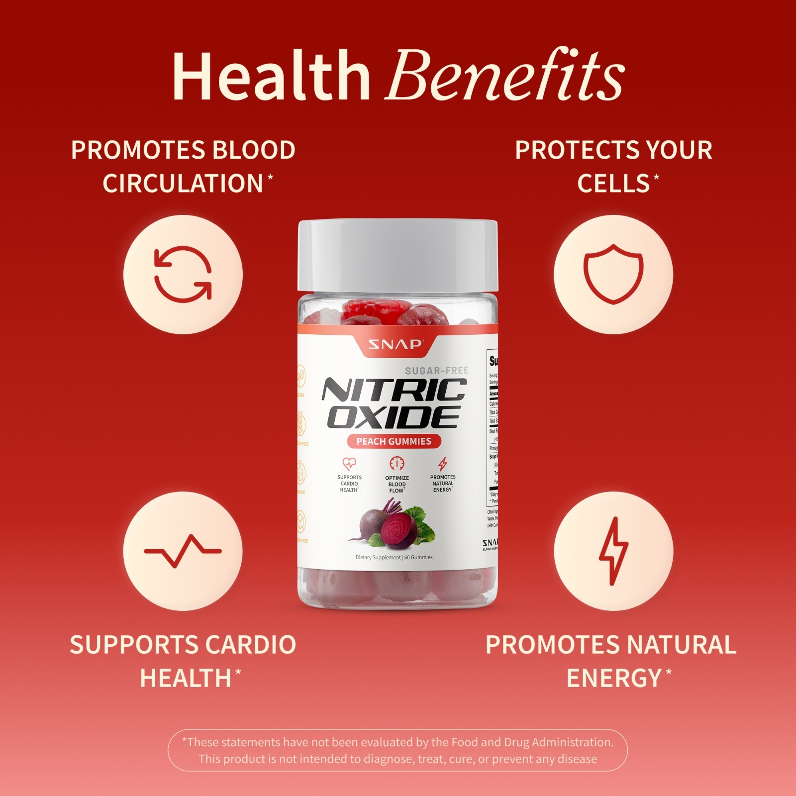 Snap Supplements Nitric Oxide Beet Root Gummies SF, Cherry & Peach, Heart Health
