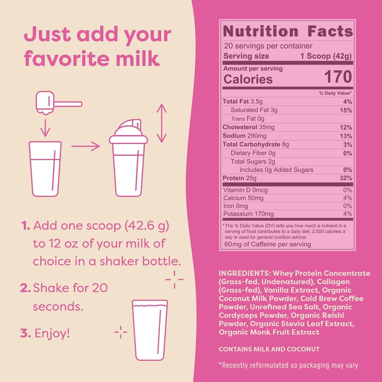 Grass Fed Whey Protein Powder – Vanilla Latte – 25g Protein, 10g Collagen & 60mg