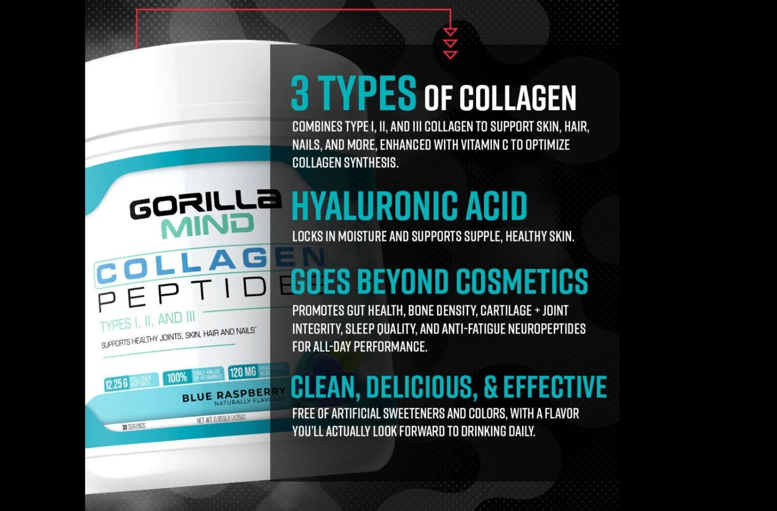 Gorilla Minds COLLAGEN PEPTIDES 1.5 lb (30 Serv) Na Blue Raspberry BEST BY 12/26