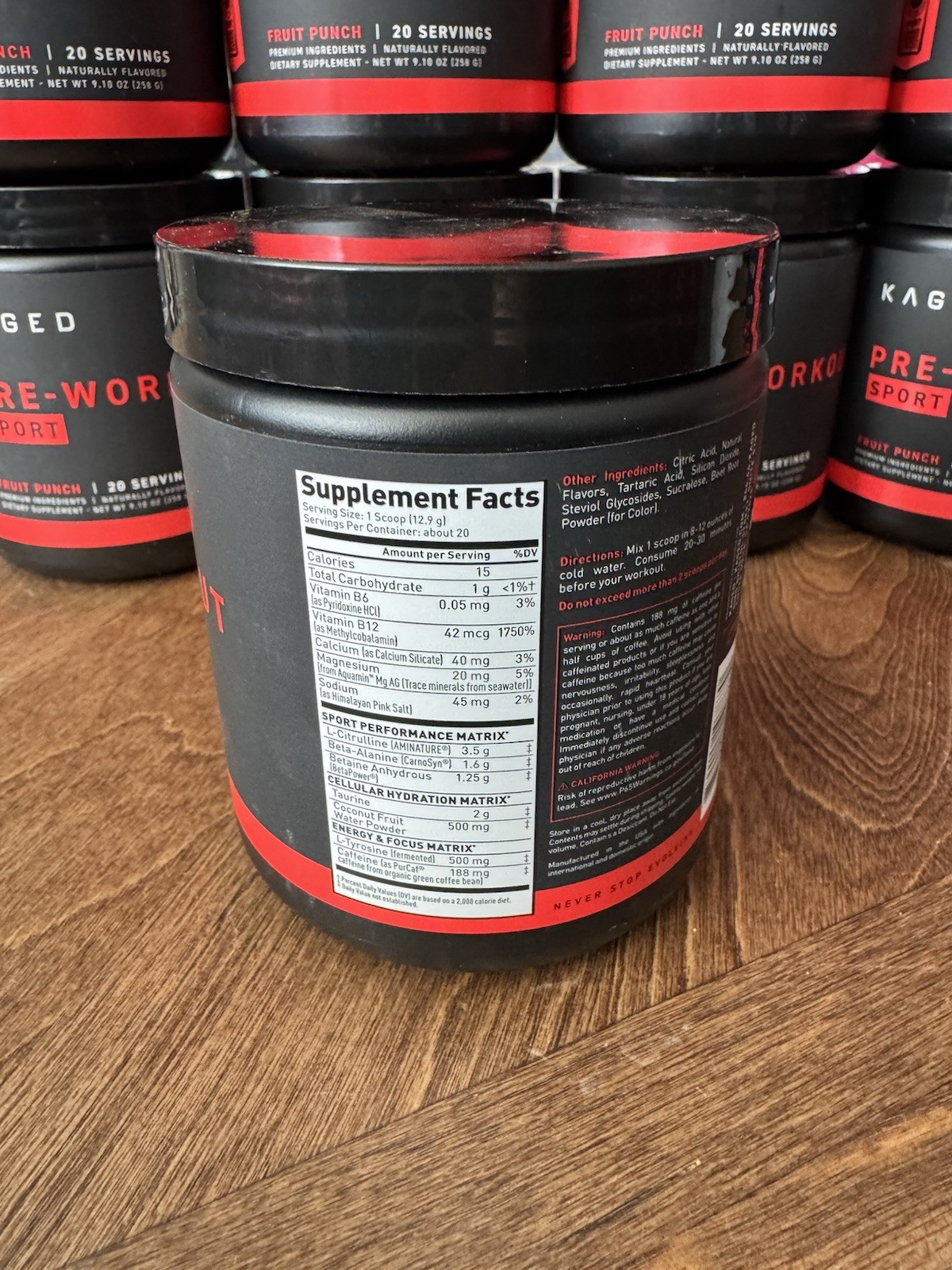 Kaged Sport Pre Workout Fruit Punch 20 Servings 188mg Caffeine Energy Boost