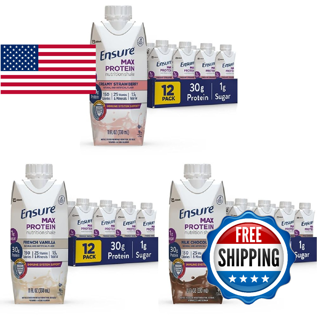 Ensure Max Protein Nutrition Shake 11oz 12-Pack – 30g Protein, 1g Sugar