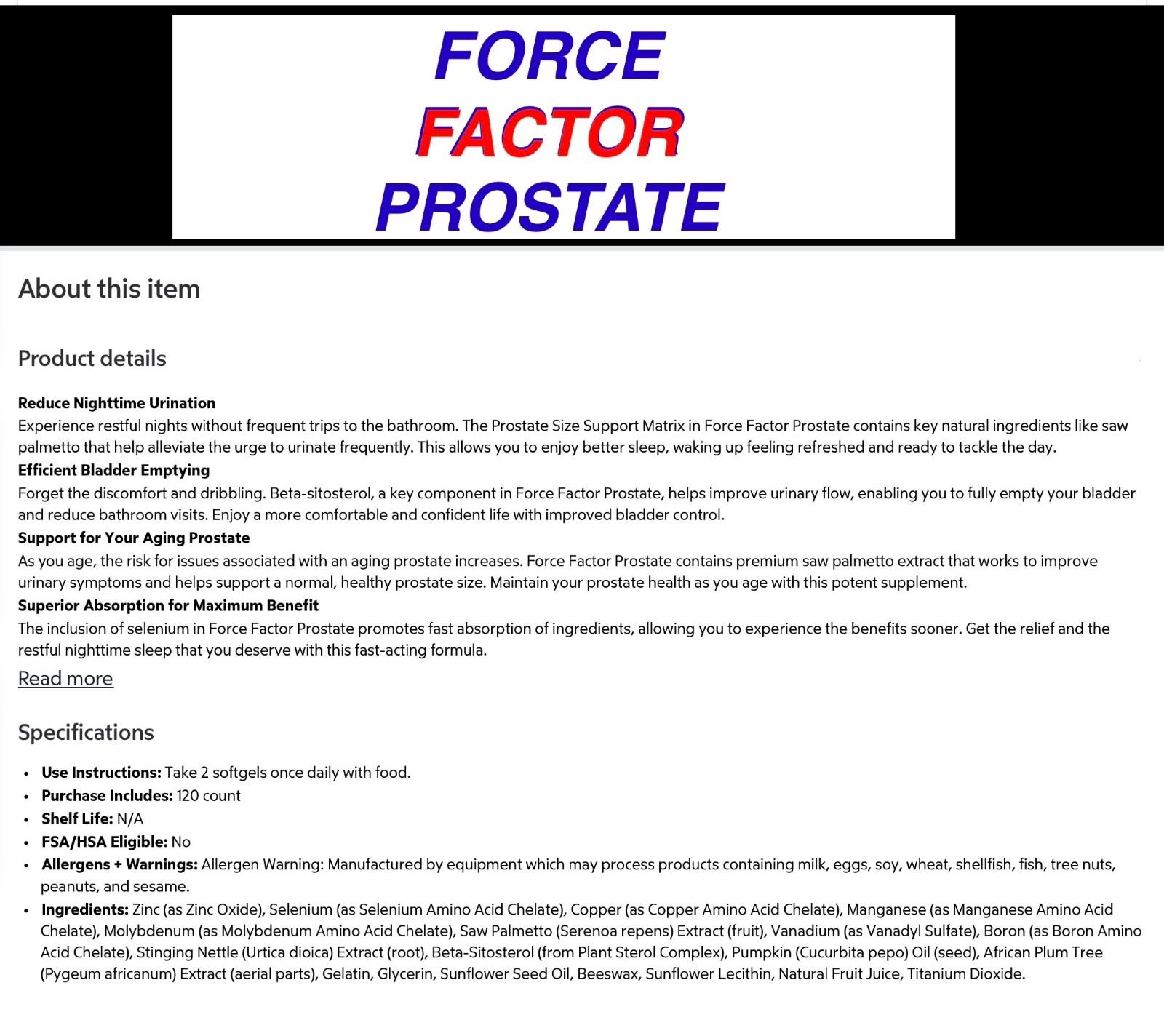 Force Factor Prostate Support Bladder Flow – Saw Palmetto Beta-Sitosterol 120ct