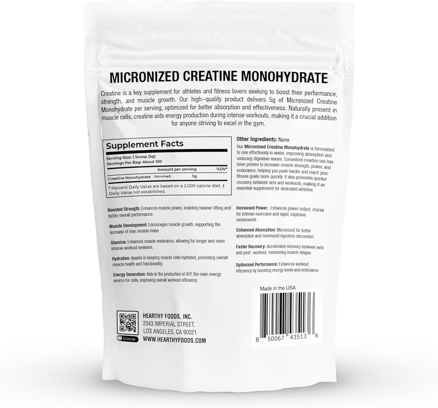 HEARTHY FOODS Creatine Monohydrate Micronized Powder 500G – 100 Servings, 5000mg