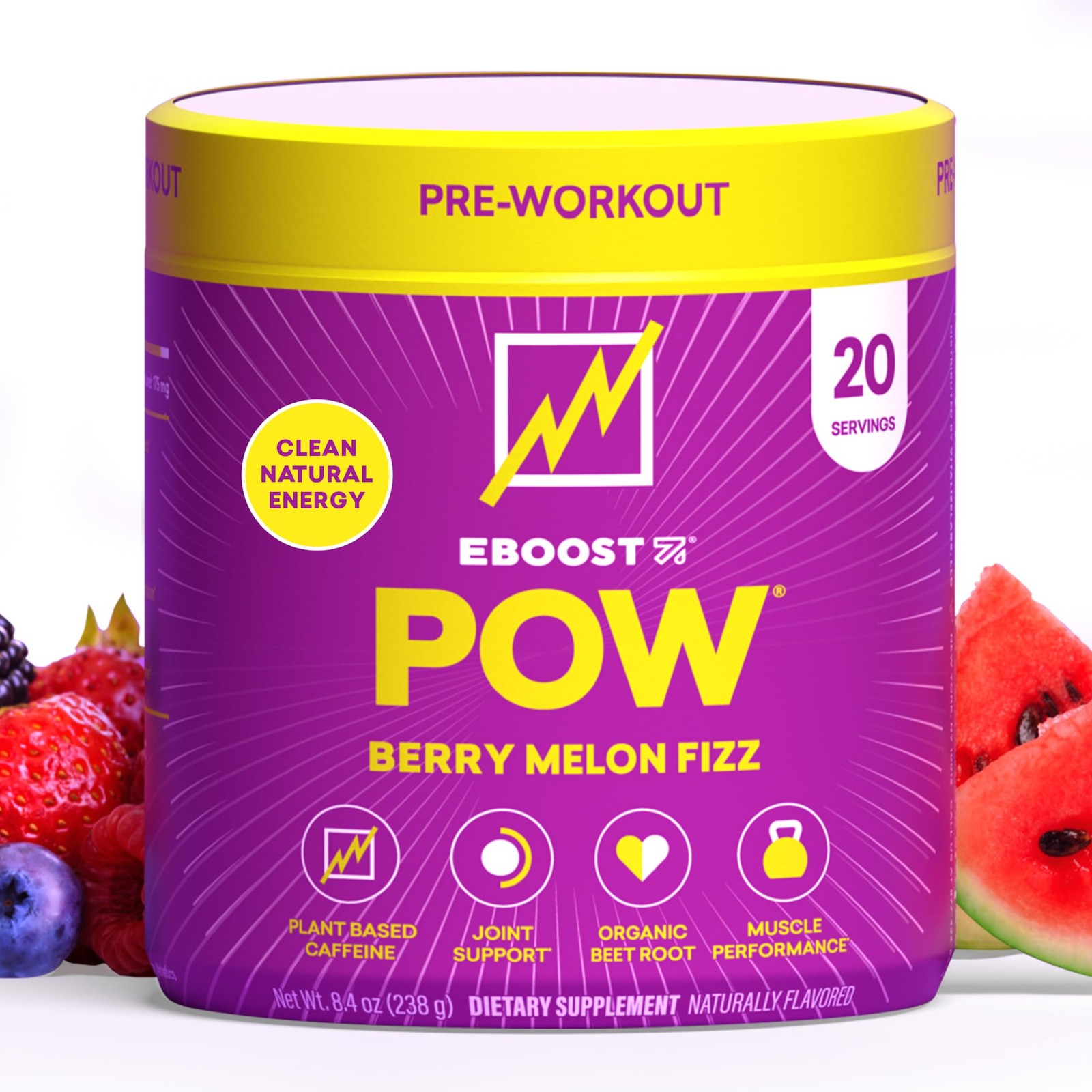 EBOOST POW Natural Pre-Workout Powder, Berry Melon Fizz, 20 Servings