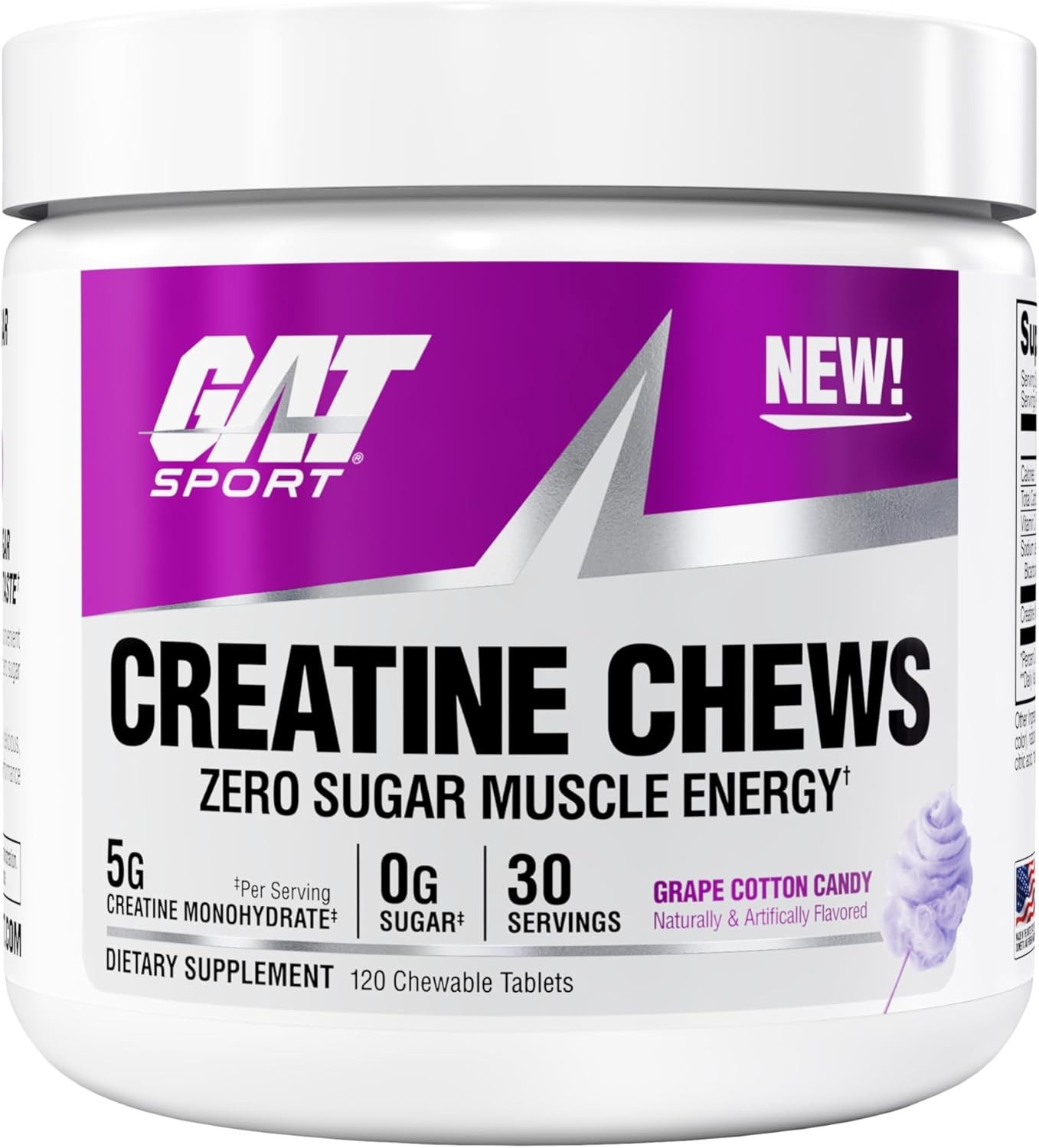 GAT SPORT Creatine Chews, Zero Sugar Pure Creatine 30 Servs (Grape Cotton Candy)