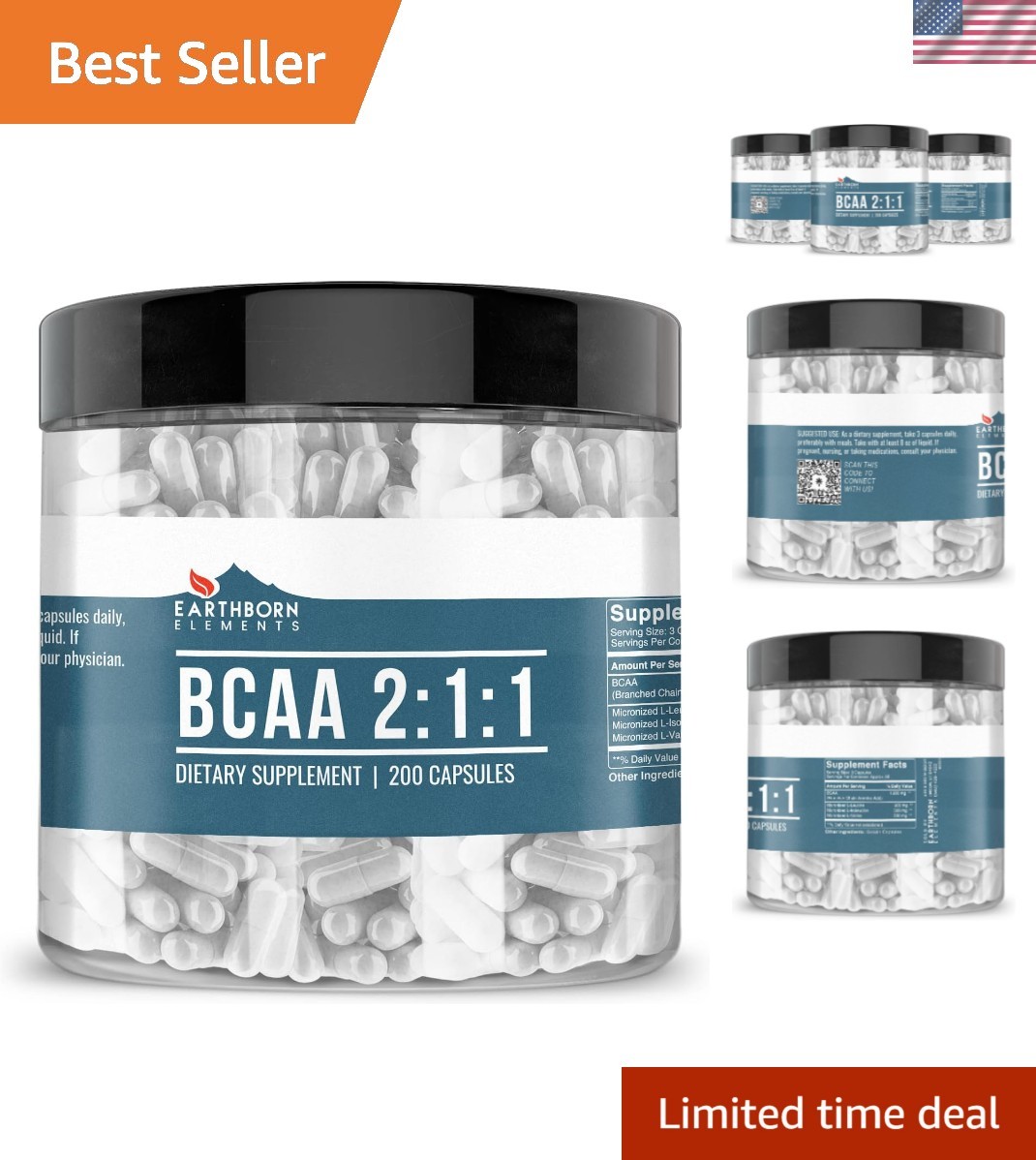 Pure BCAA Capsules – 200 Count, Unflavored, 60-Day Supply, Gluten-Free