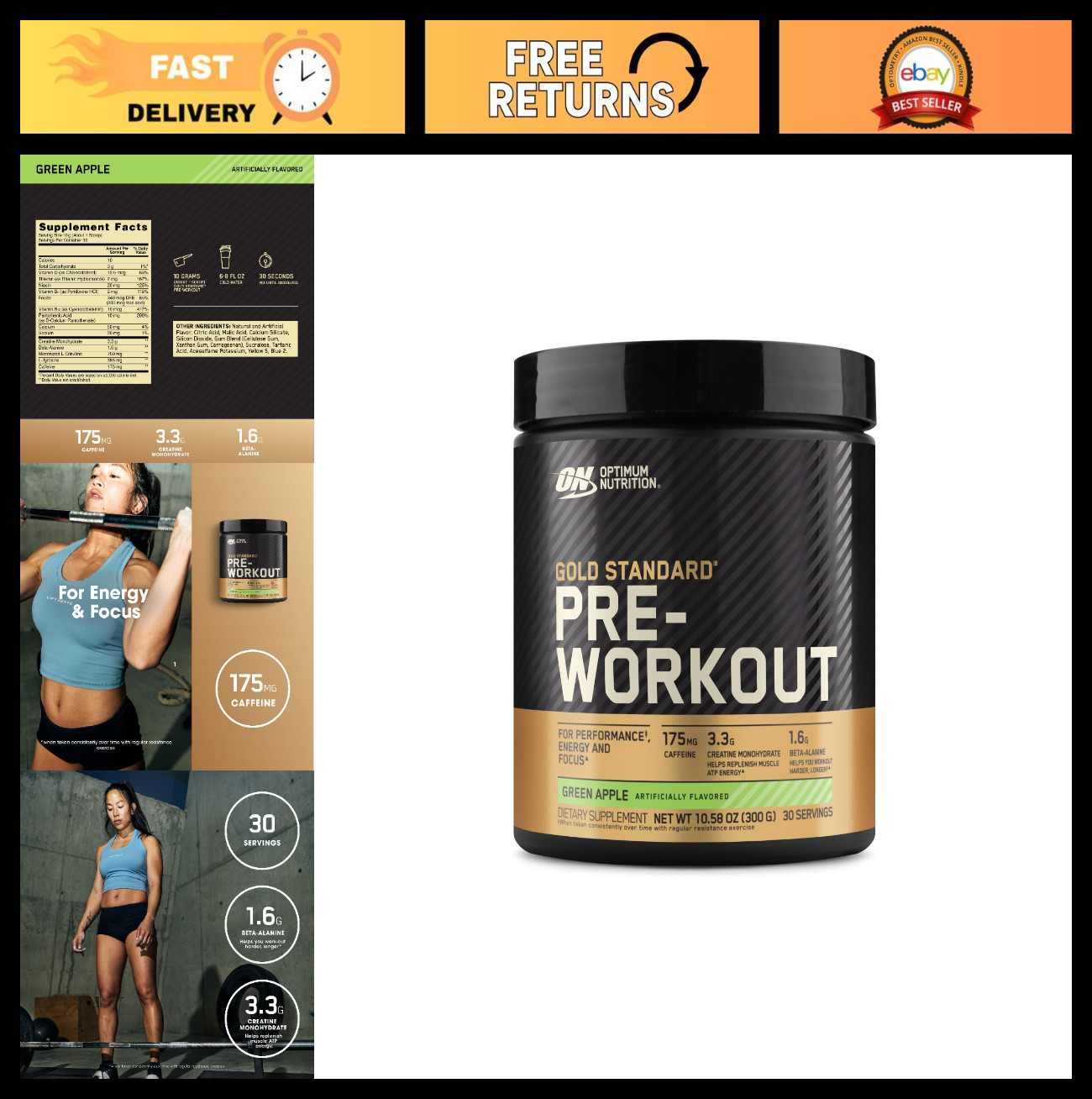 Pre-Workout Powder with Creatine, Beta-Alanine & Caffeine – Green Apple Flavor,