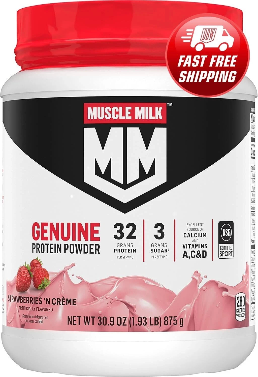 Muscle Milk Genuine Protein Powder Strawberries Crème 32G Protein 30.9oz 1.93 LB