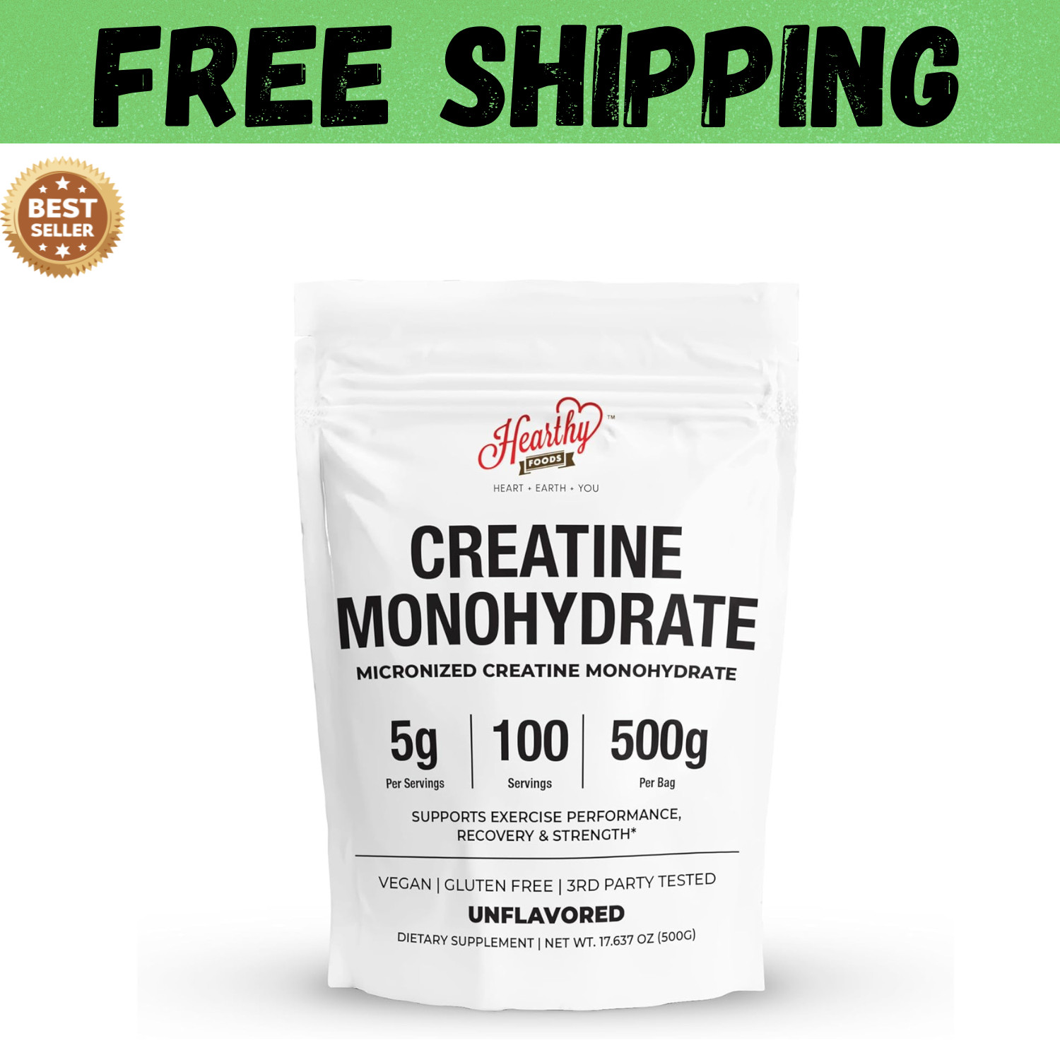 HEARTHY FOODS Creatine Monohydrate Micronized Powder 500G – 100 Servings, 5000mg