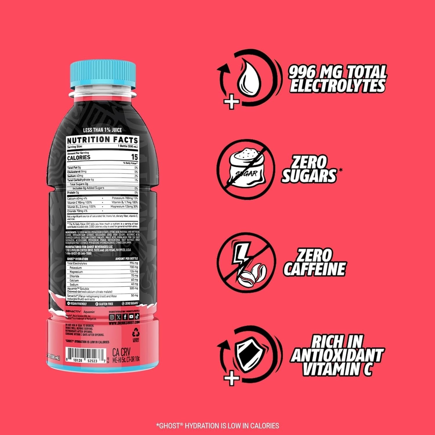 GHOST Hydration Drink, Kiwi Strawberry- RTD Sports Drink with Electrolytes,…
