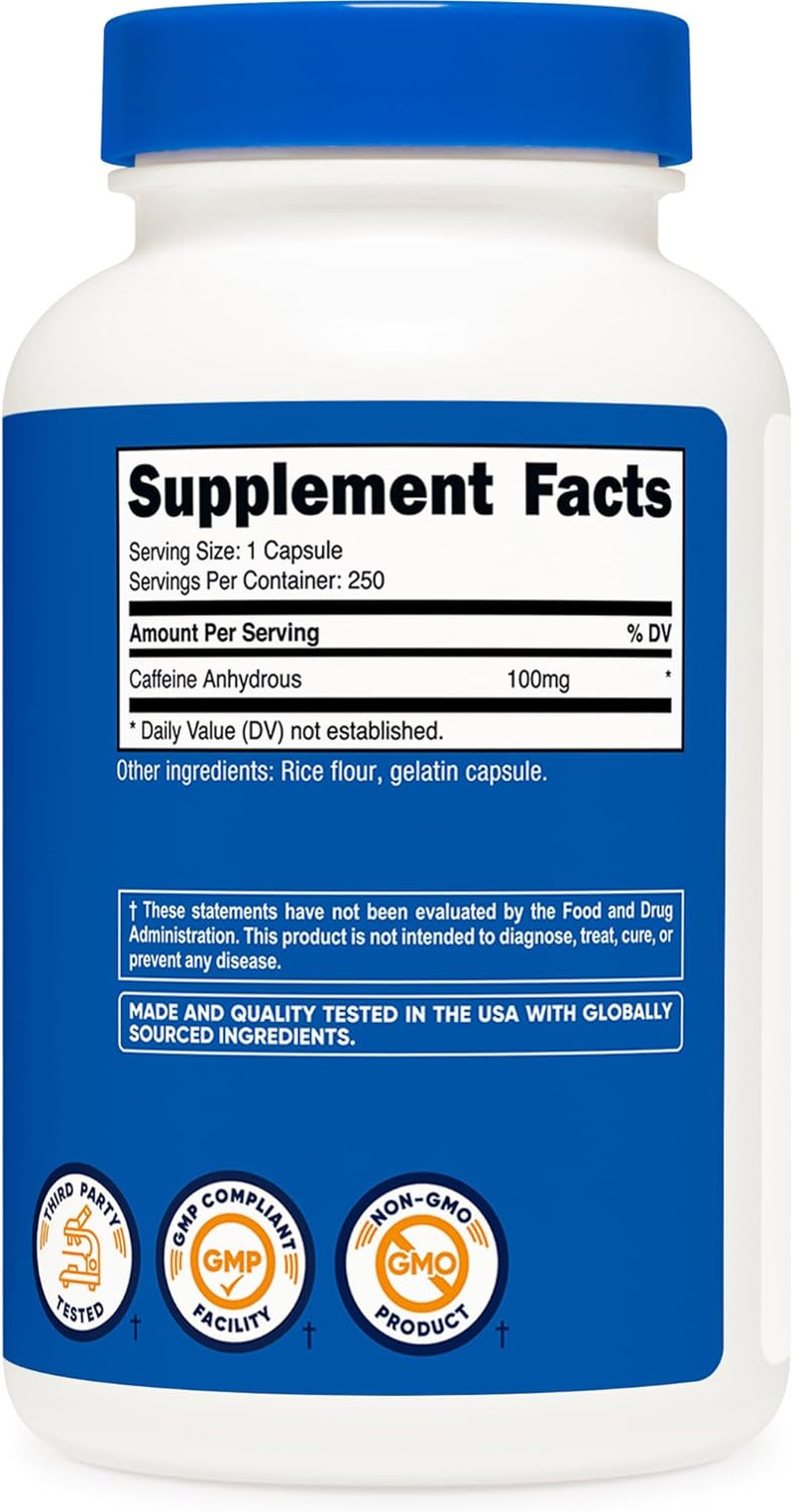 Nutricost Caffeine Pills 100Mg per Serving, 250 Capsules
