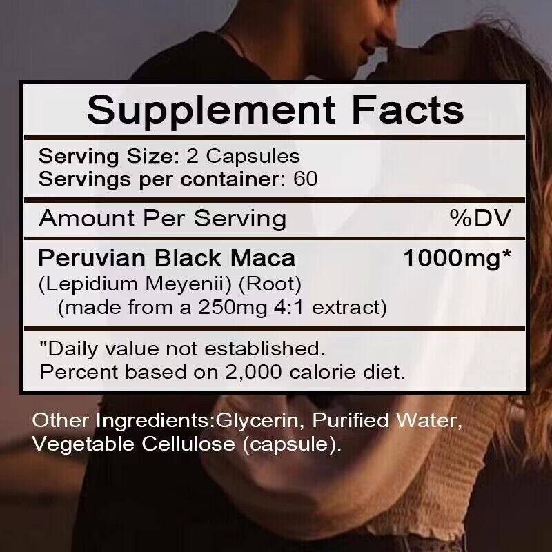 Black Maca 1,000 Mg Natural Energy Booster Peruvian Maca for Men and Women