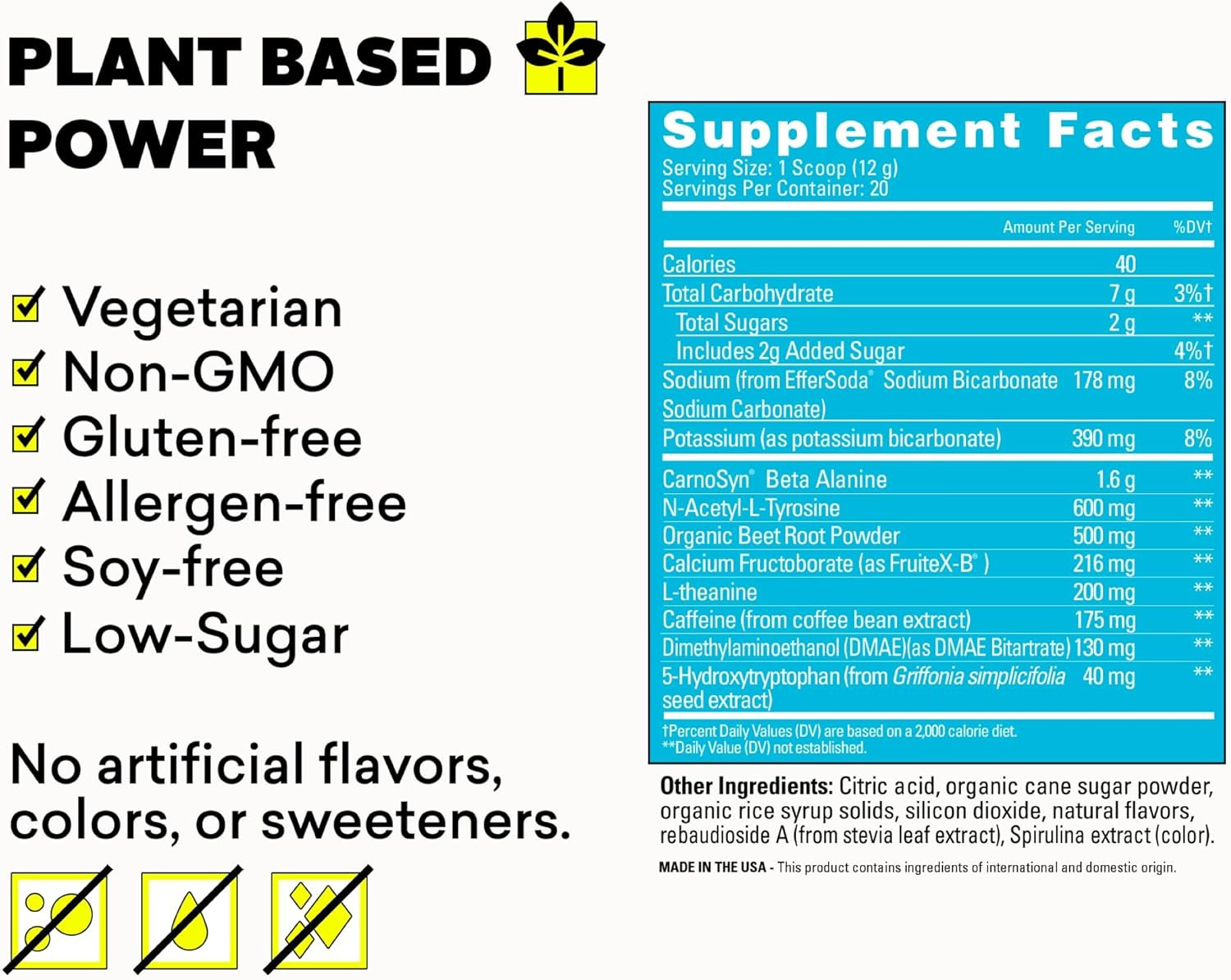 EBOOST POW Natural Pre Workout Powder, Blue Raspberry, Energy Support, 20 Servs