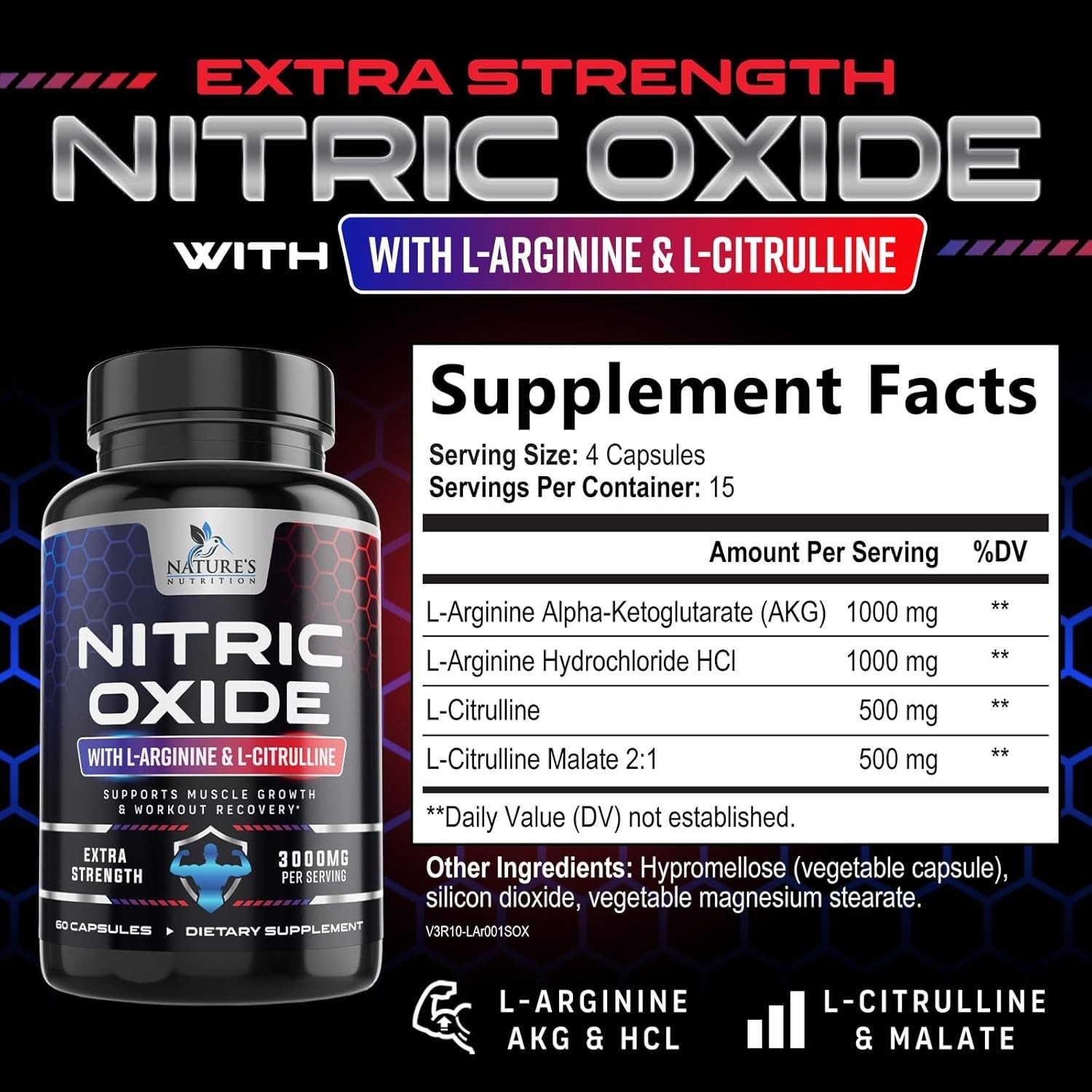 Nitric Oxide Booster 3000mg L-Arginine 3X Extra Strength Capsules