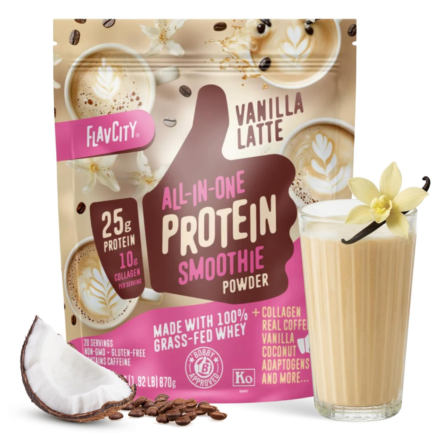 FlavCity All in One Protein Shake Powder, Vanilla Latte – 60mg Caffeine + Col…