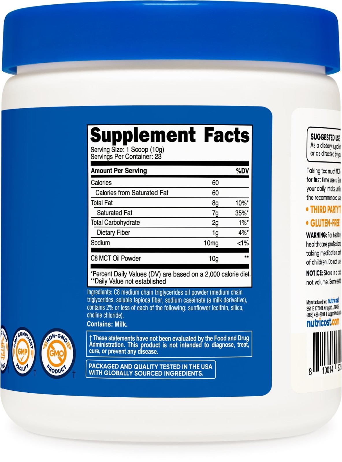 C8 MCT Oil Powder – 95% C8, 23 Servings (8oz) – Keto Friendly, Energy Boost