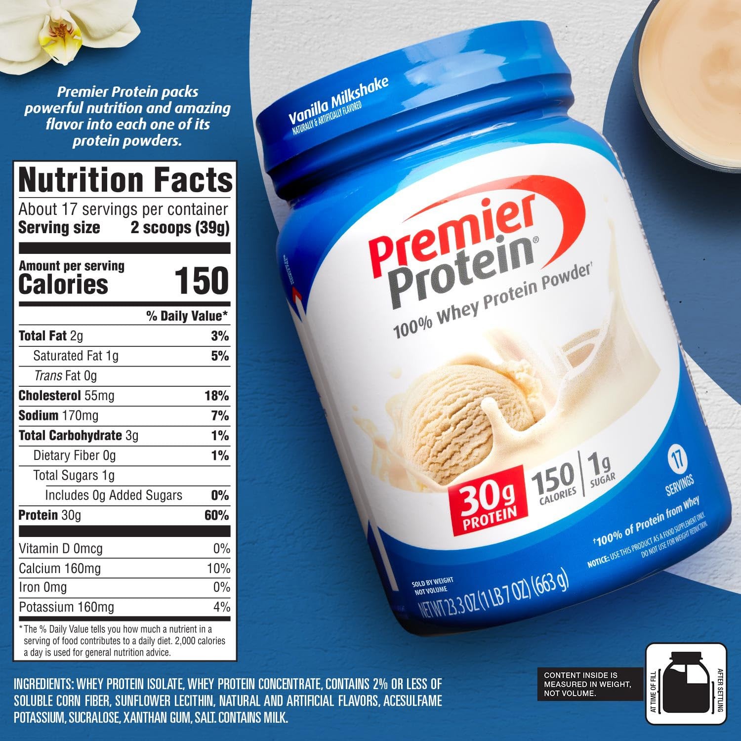 Polvo, Batido De Vainilla, 30 G De Proteina, 1 G De Azucar, 100 % De Protein…