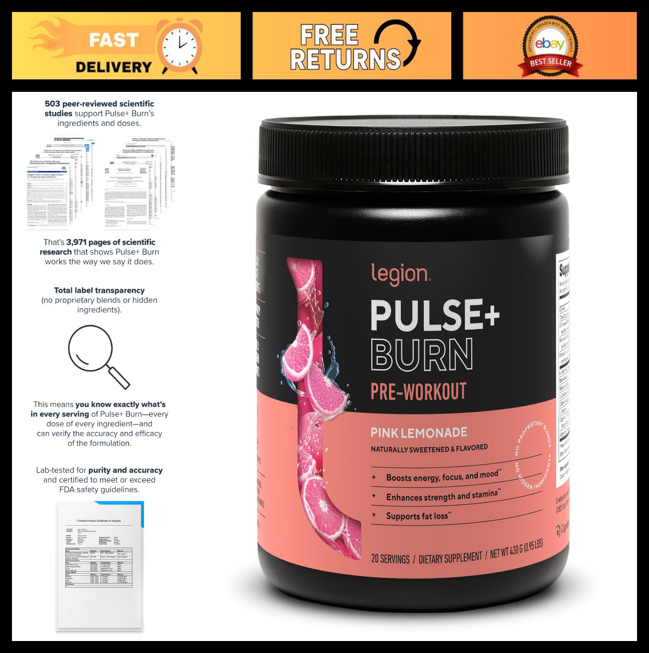 Thermogenic Pre Workout Powder – High Stimulant Energy, Nitric Oxide Booster, 20