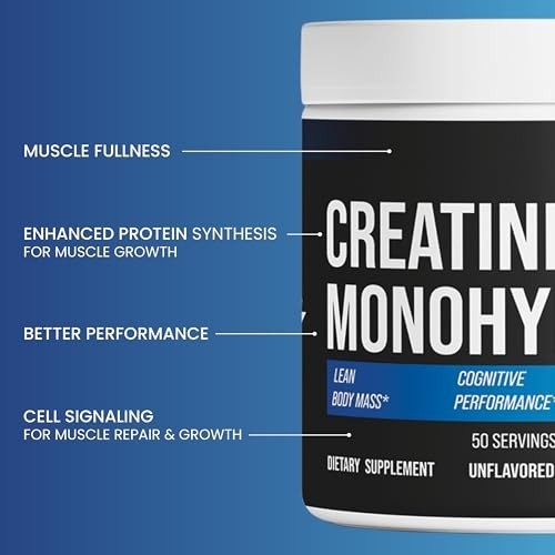 Pure Creatine Monohydrate Powder – Vegan, Gluten-Free, No Additives – 50 Serving