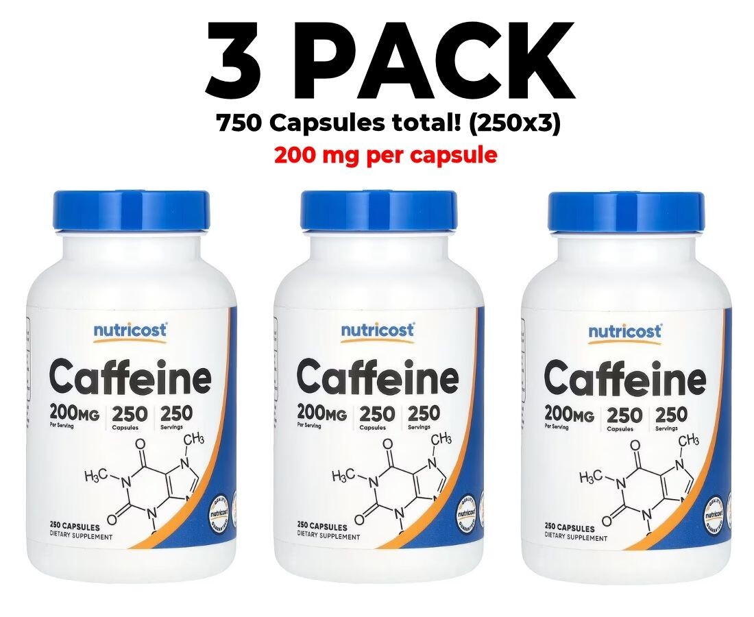 Nutricost, Caffeine , 3 PACK, 200 mg , 250 Capsules each (750 total!)