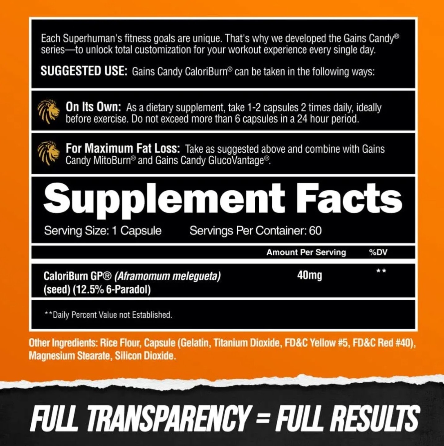 Alpha-Lion GAINS CANDY Fat loss CALORIBURN 60 Capsules ( 30 Serv ) BEST BY 11/26