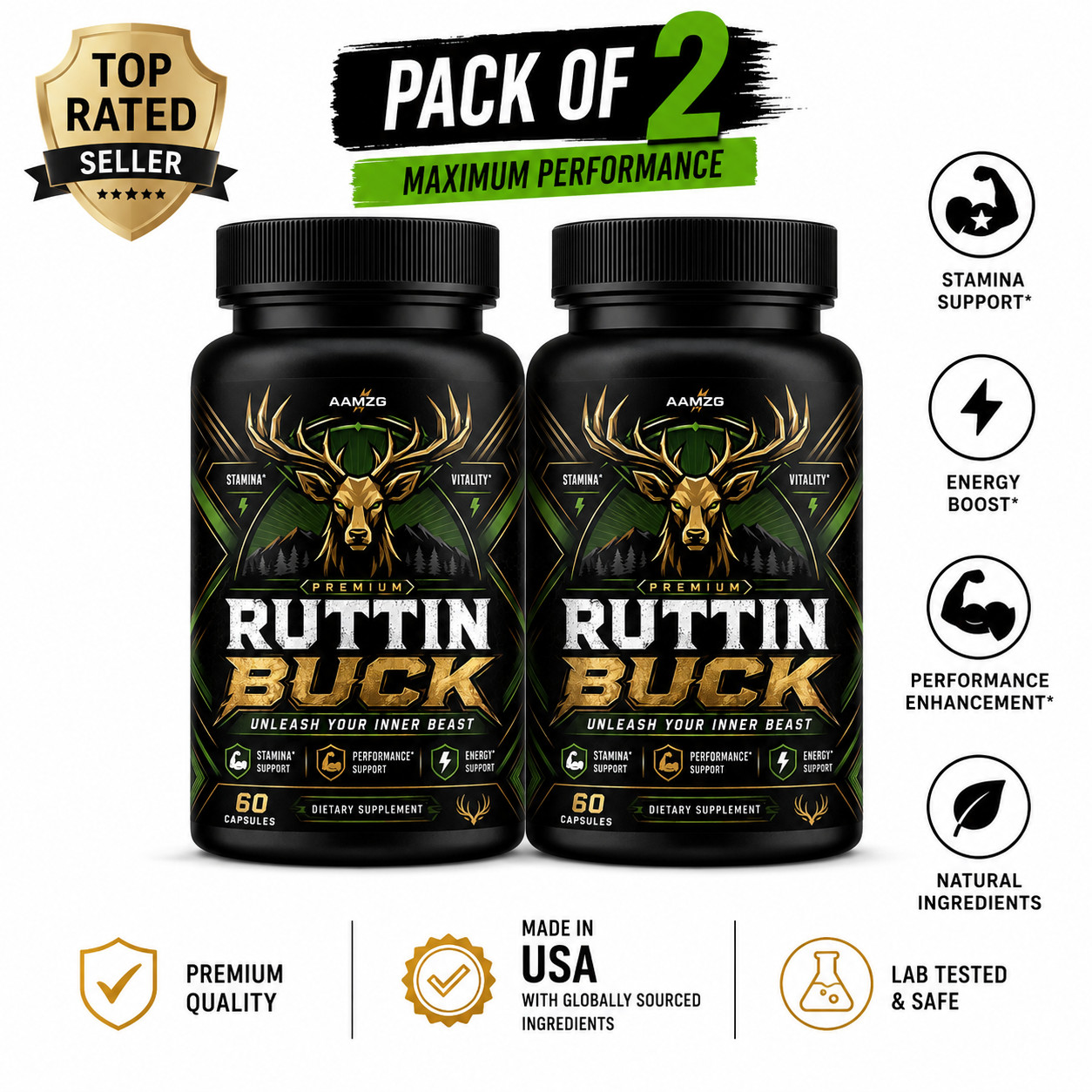 2x Aamzg Ruttin Buck Advanced Male Support Max Supplement Vitamin 120 Capsule