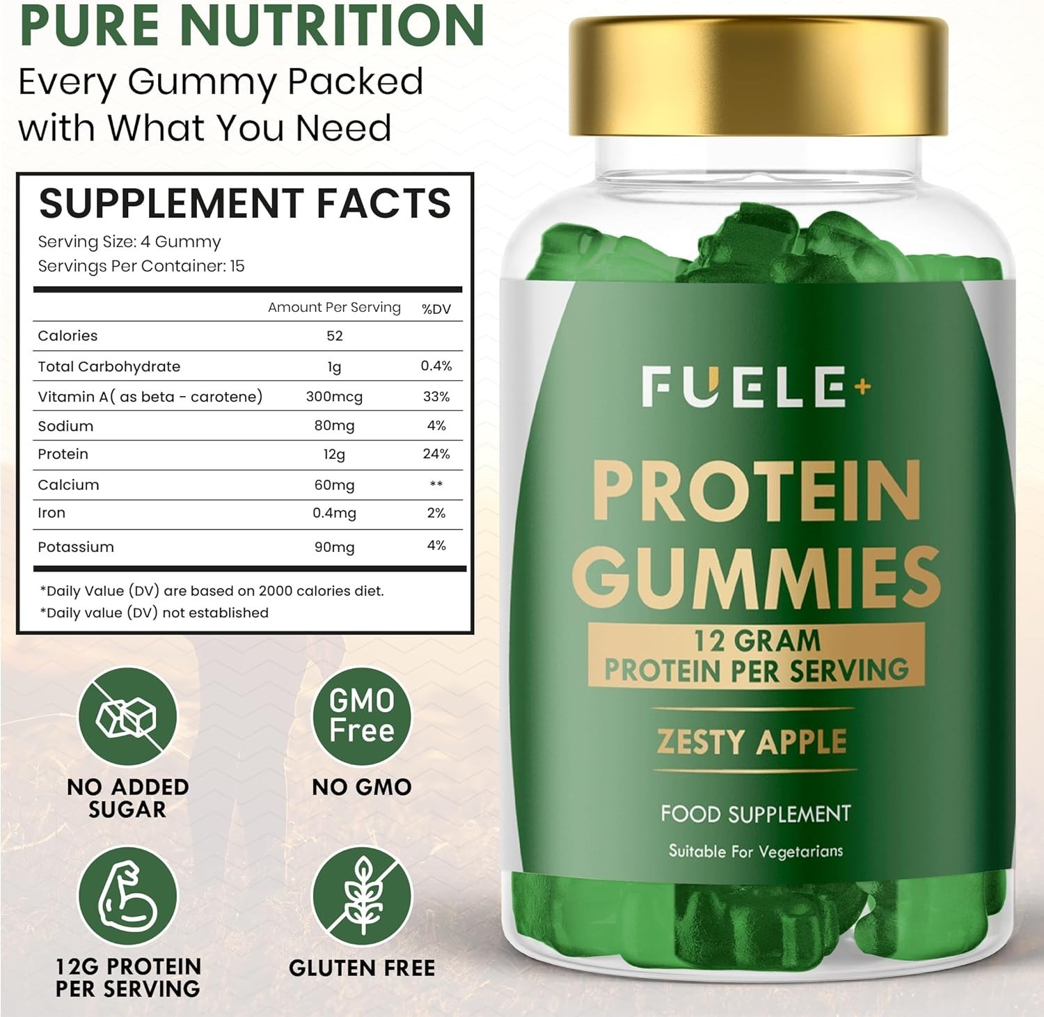 FUELE+ Whey Protein Gummies – Zesty Apple Flavour, 12g Protein per Serving – …