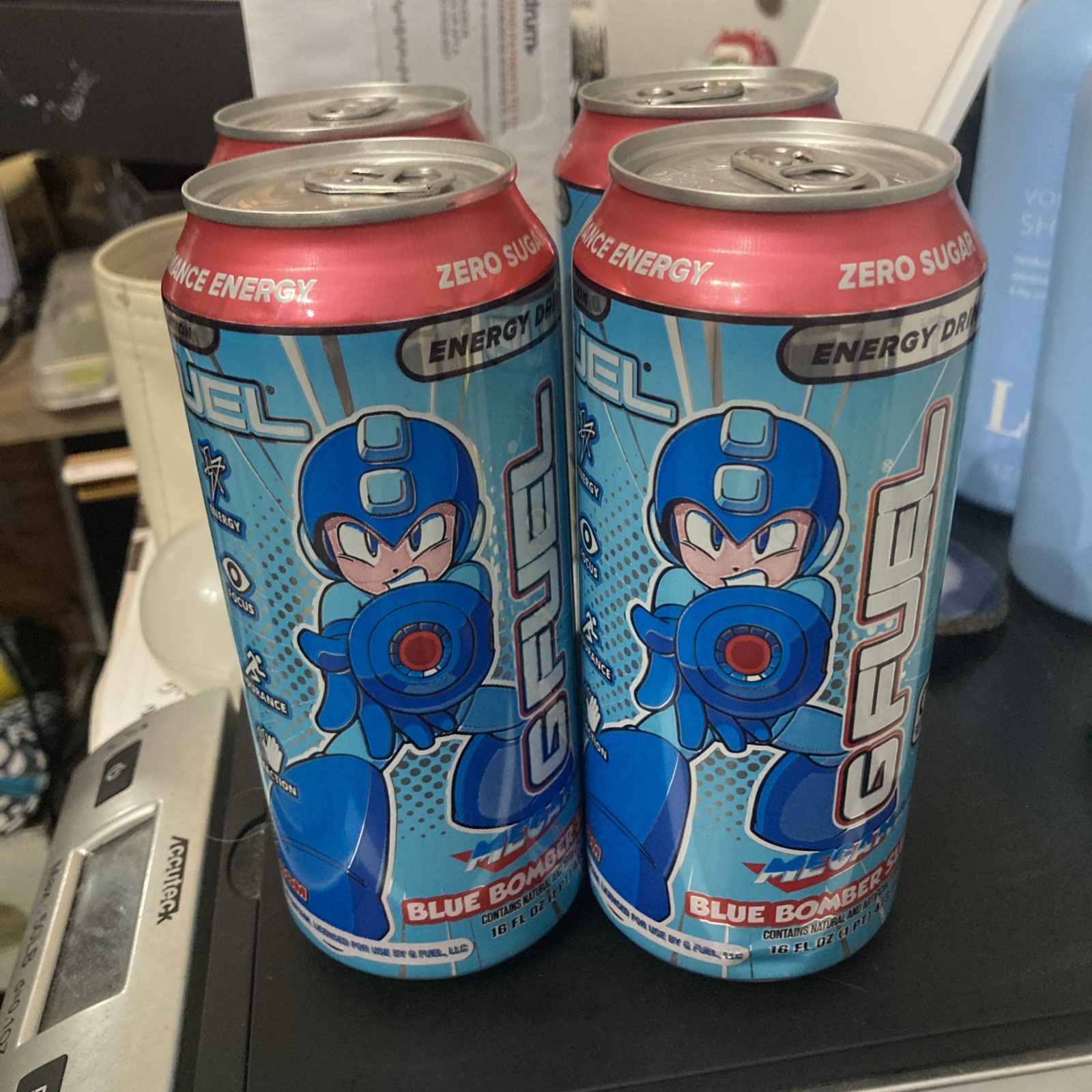 Limited Edition Megaman Blue Bomber Slushee GFuel Energy Drink Can 16oz 4 pack