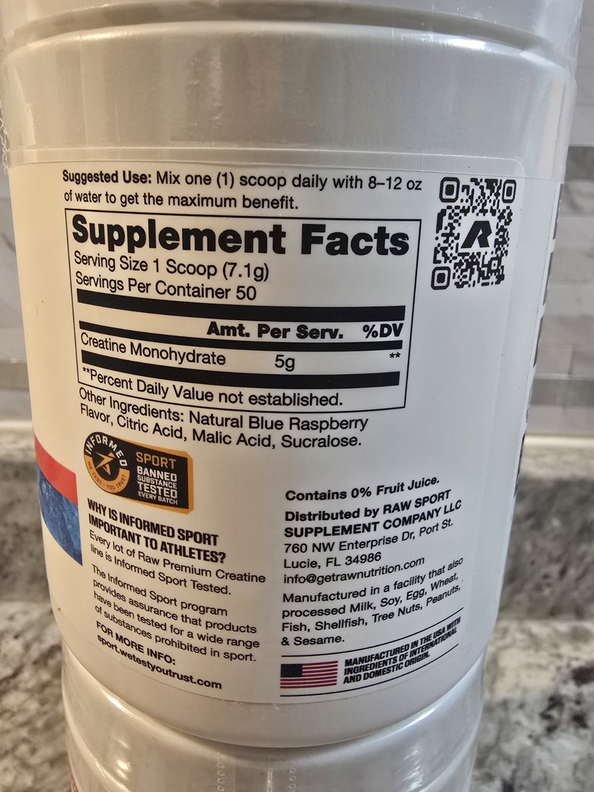 RAW Nutrition Essential 100% Pure Creatine Monohydrate Blue Rasp 12.52Oz 50 Serv